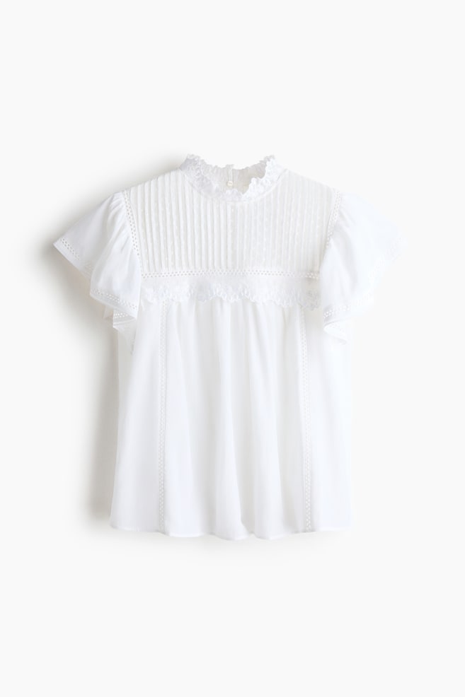 Blouse à manches volantées avec dentelle - Blanc/Rose clair - 1
