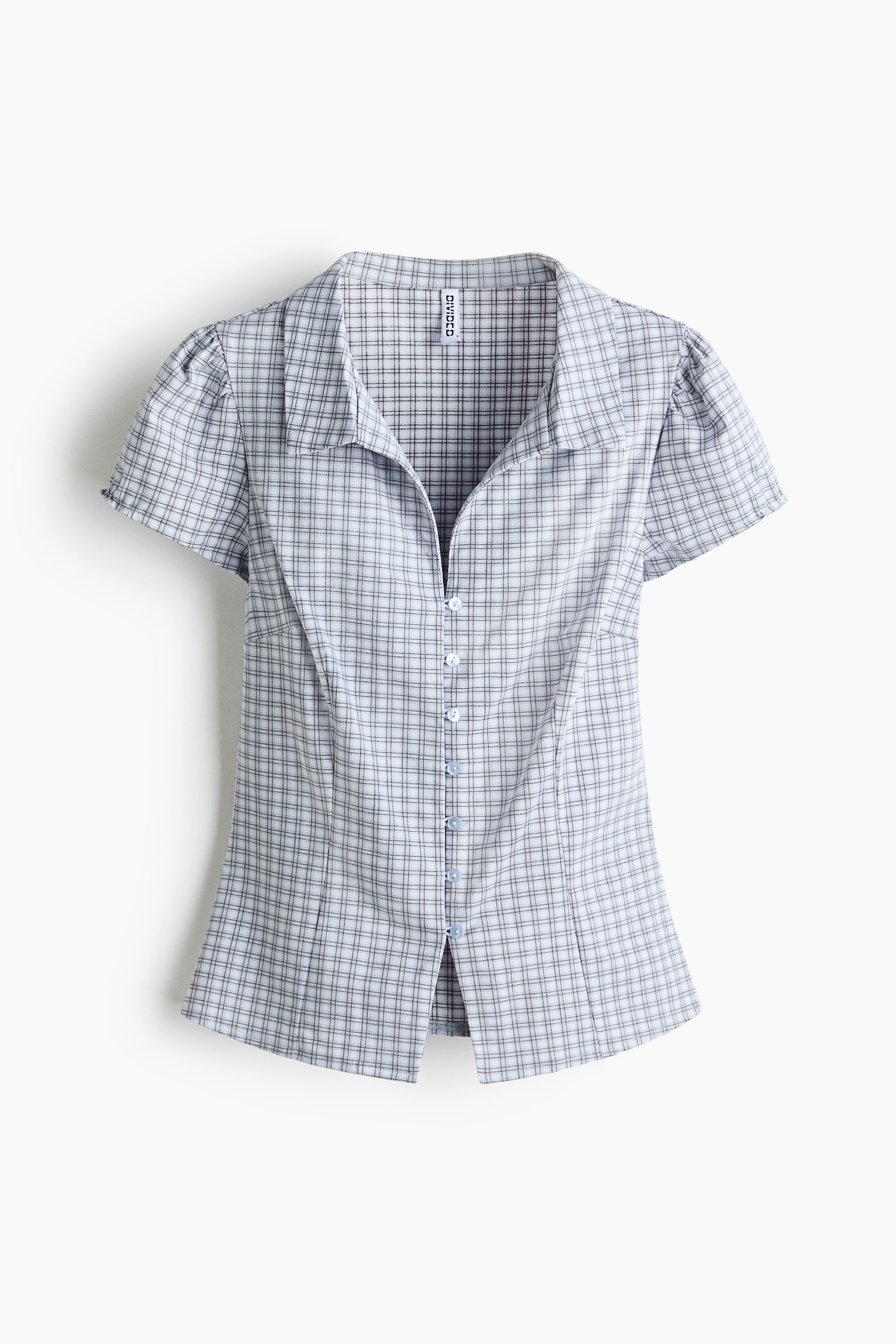 Button-Front Top with Collar - Dusty blue/checked/Light beige/Light dusty blue
