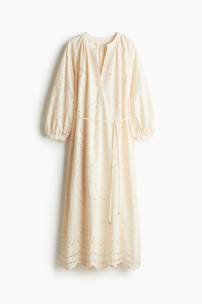 Broderie anglaise tie-belt dress - Cream - 1
