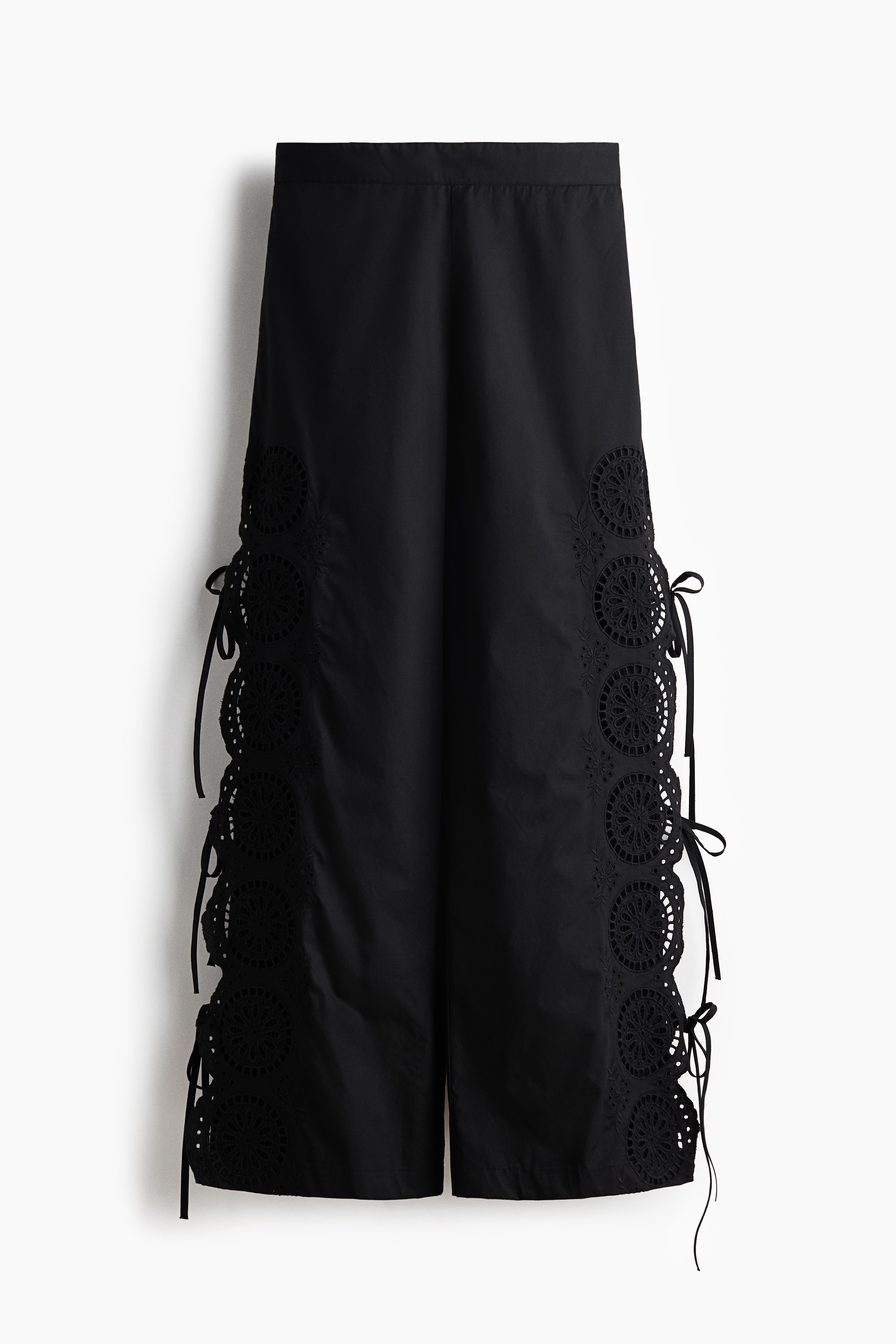 Tie-Detail Pants with Eyelet Embroidery - Black