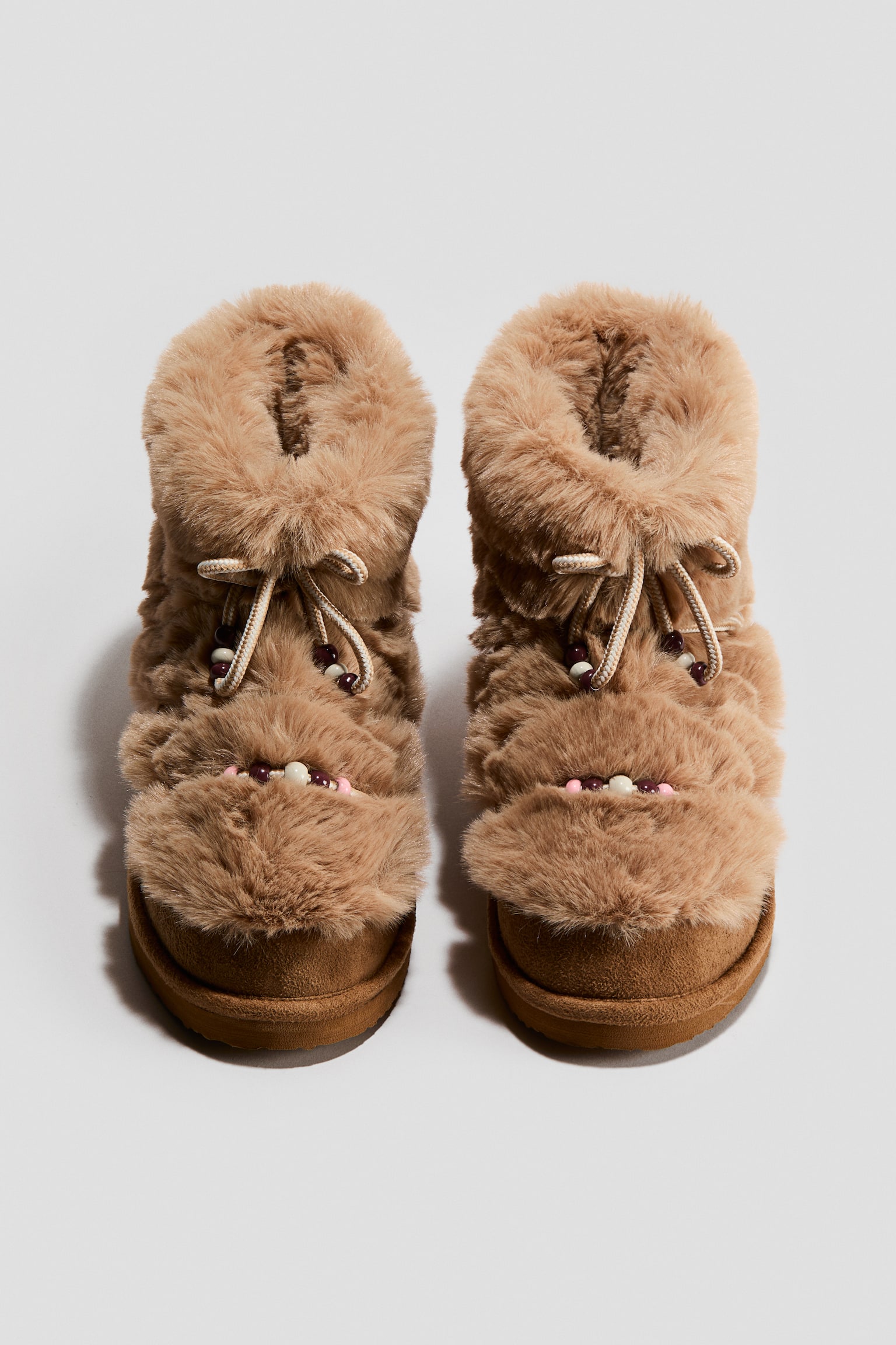 Bead-detail fluffy snow boots - Light brown - 3