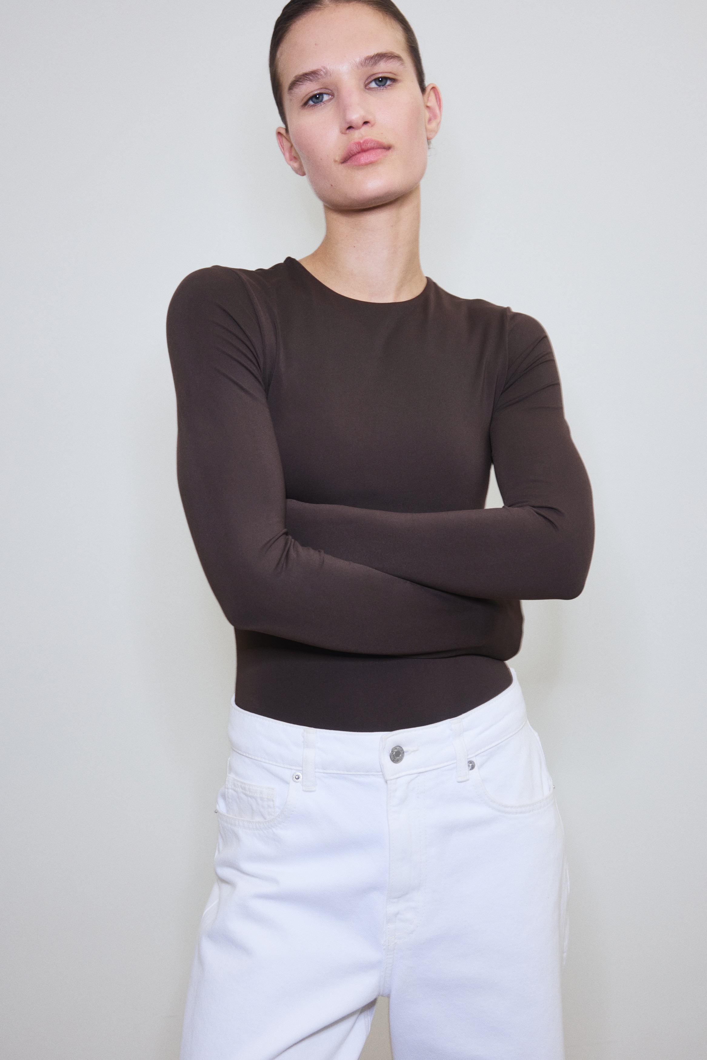 長袖雕塑丁字緊身連身衣 - 深咖啡色/黑色/淺灰粉紅色