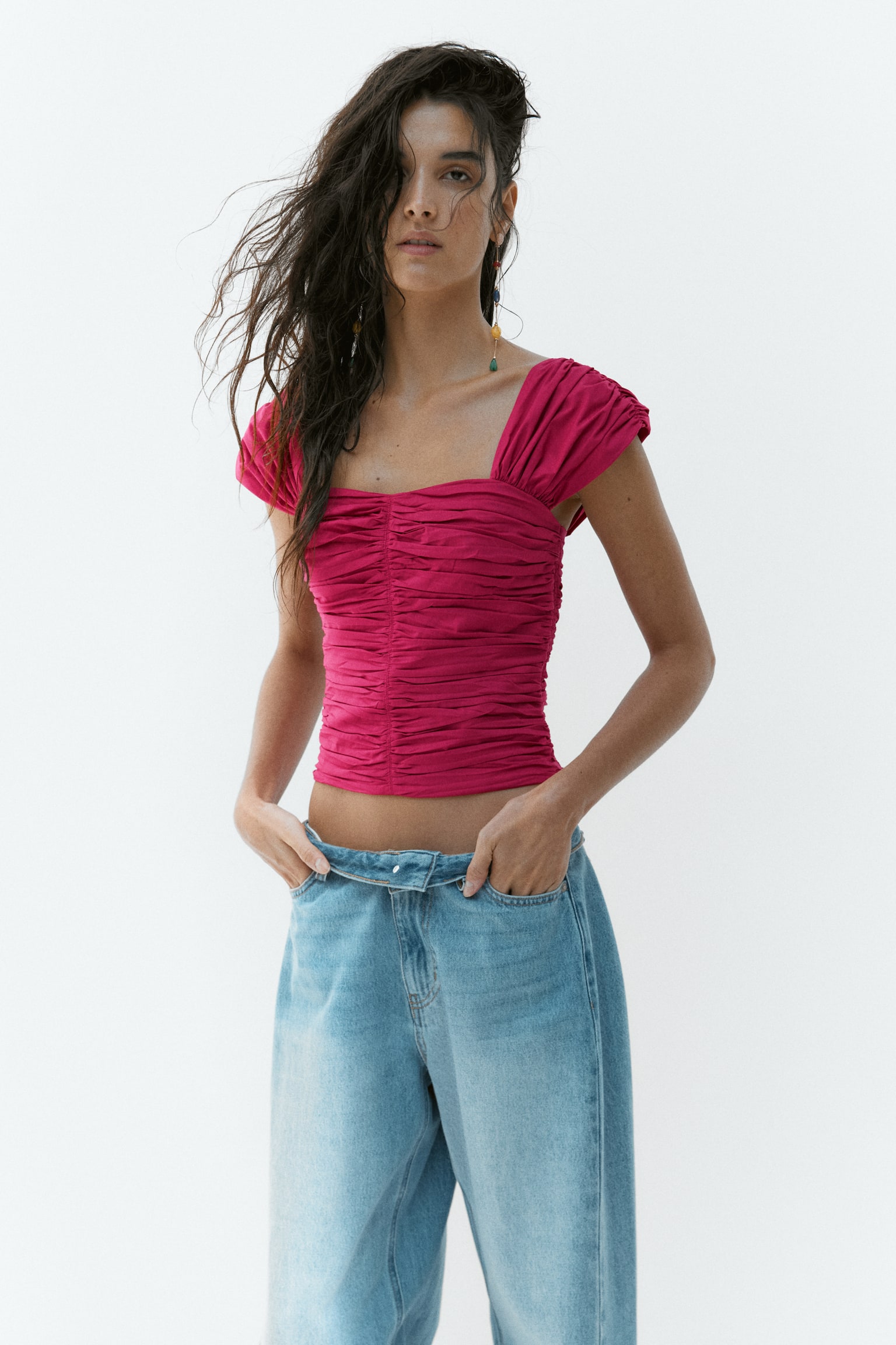 Ruched cotton top-Dark fuchsia - 4