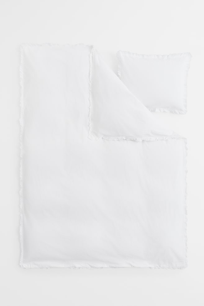 Frill-trimmed single duvet cover set - White/Greige - 4
