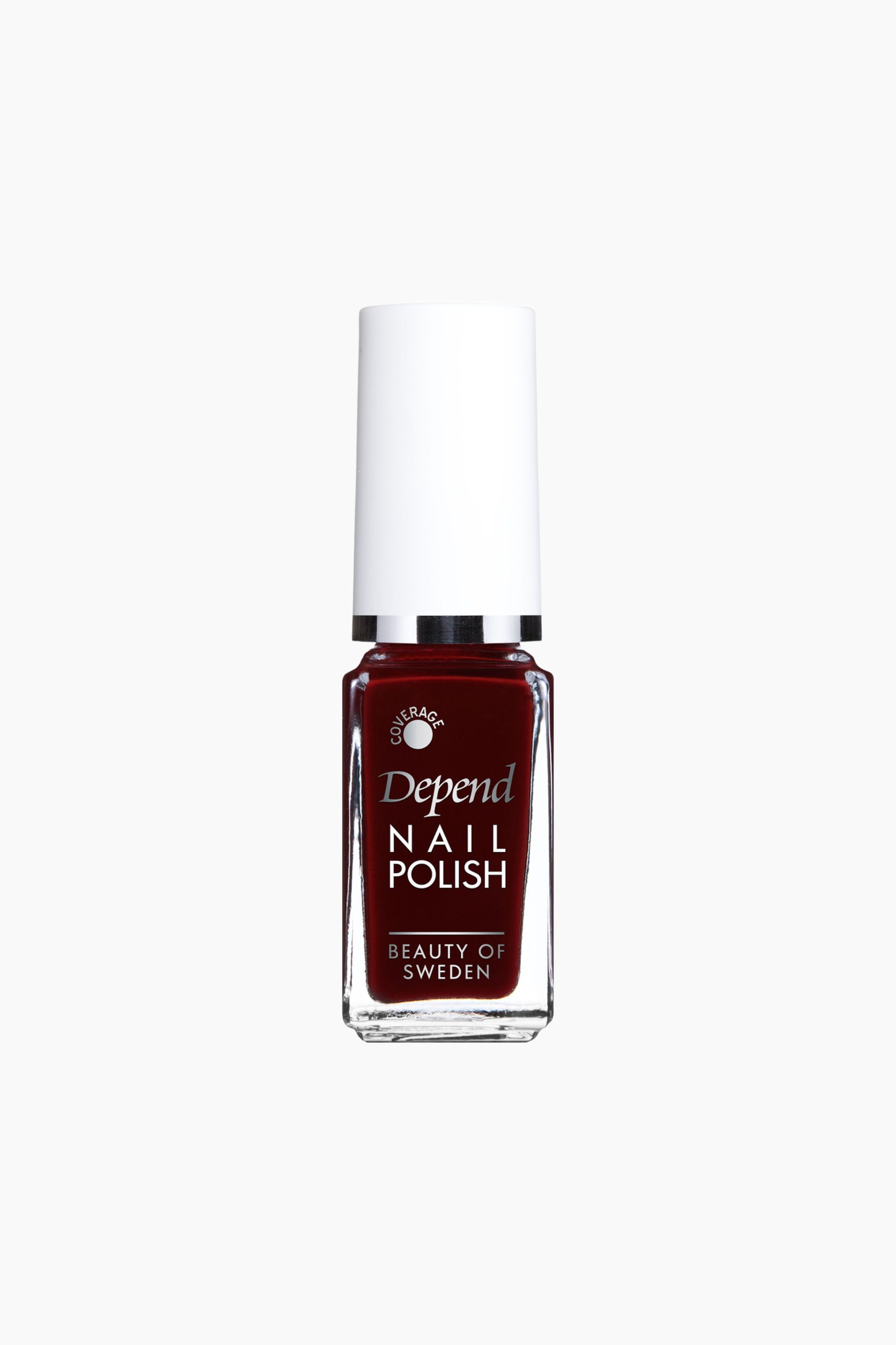 Visa större bild: En genomskinlig, rektangulär nagellacksflaska i glas innehåller mörkrött nagellack och har en vit cylindrisk kork med ett silverband. Etiketten "Depend NAIL POLISH" visas tydligt på flaskans framsida.