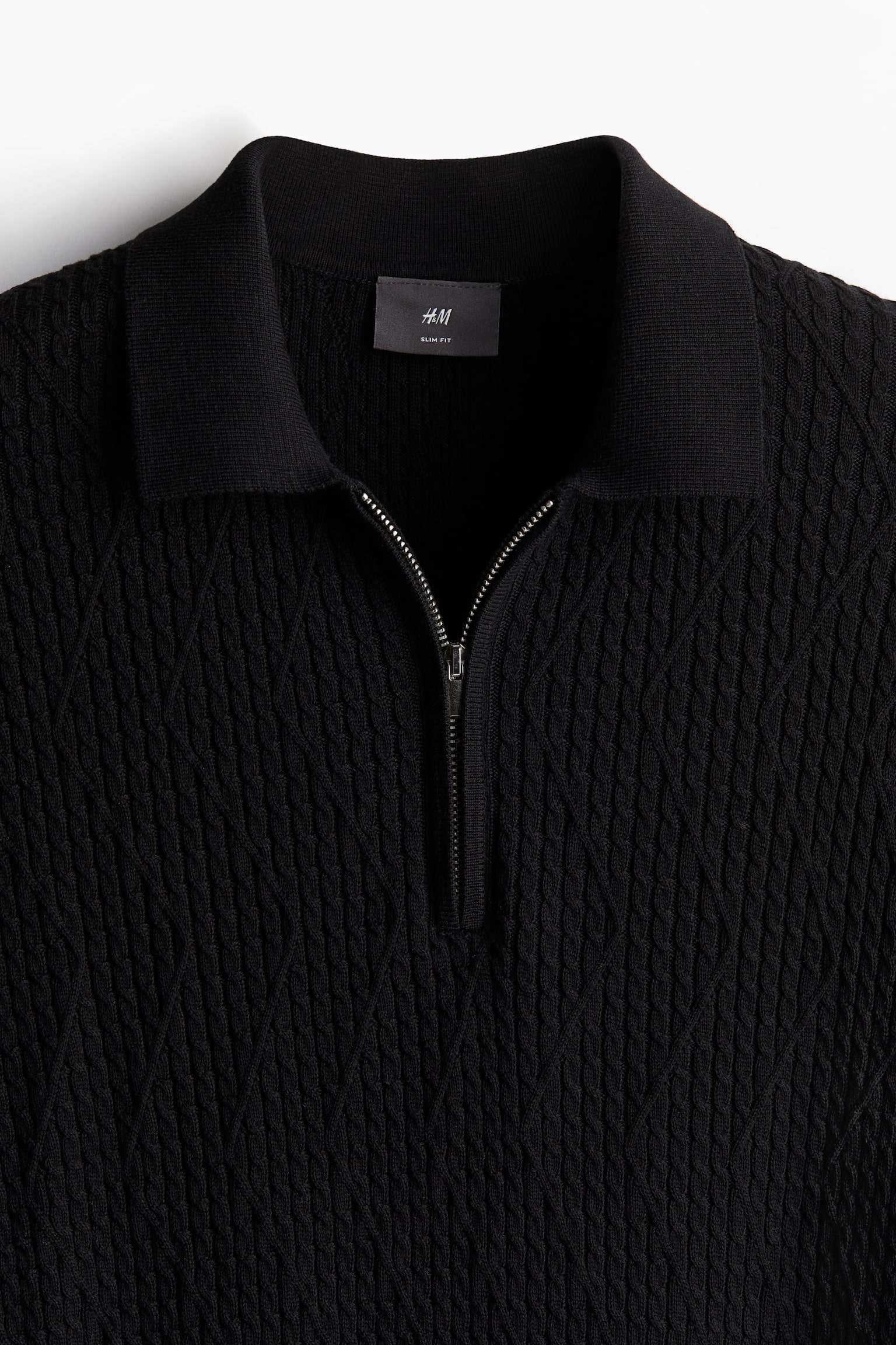 Slim Fit Cable-knit polo shirt - Black - 4