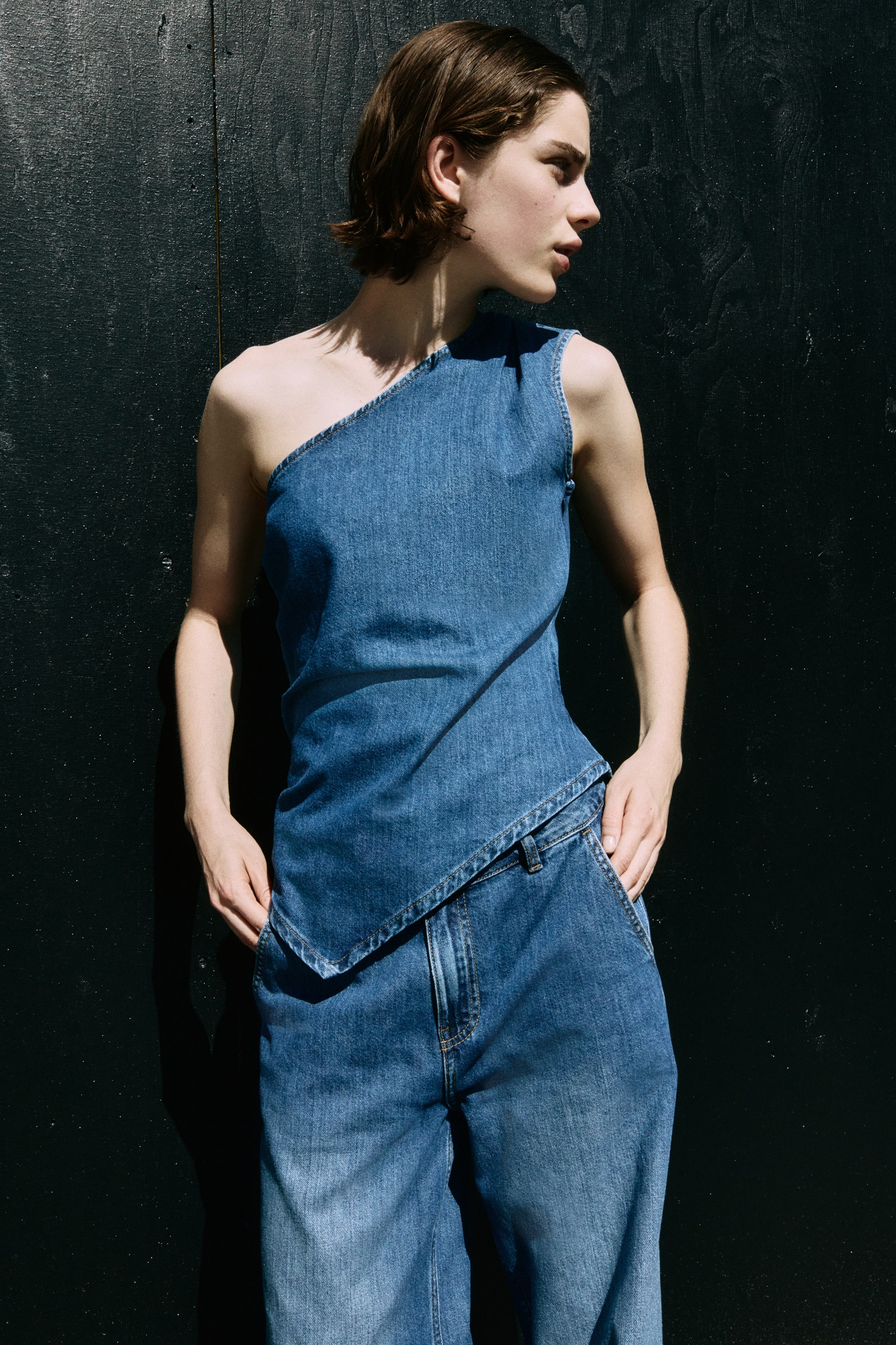 Denim One-Shoulder Top