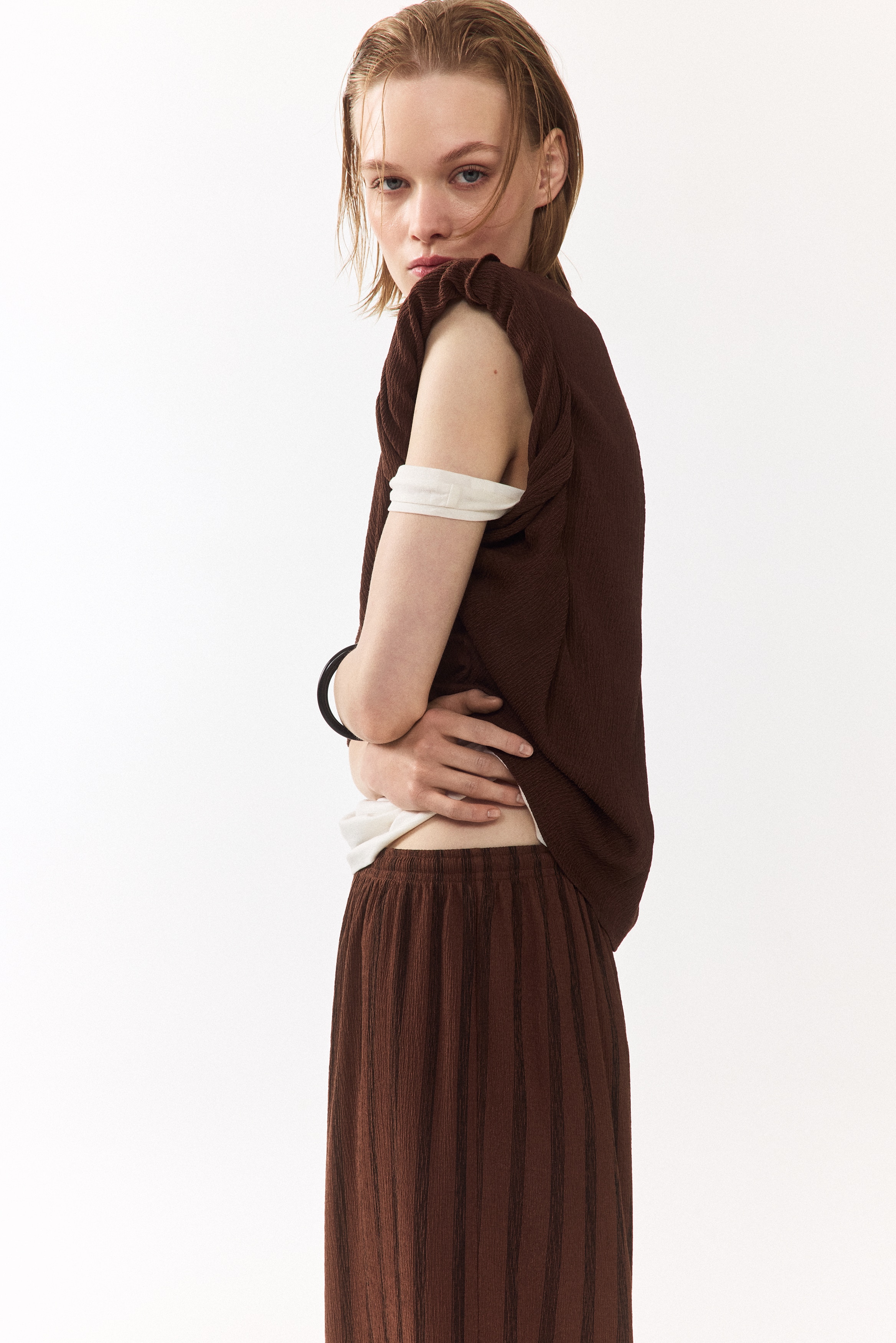 Wijde pull-on broek-Donkerbruin/gestreept