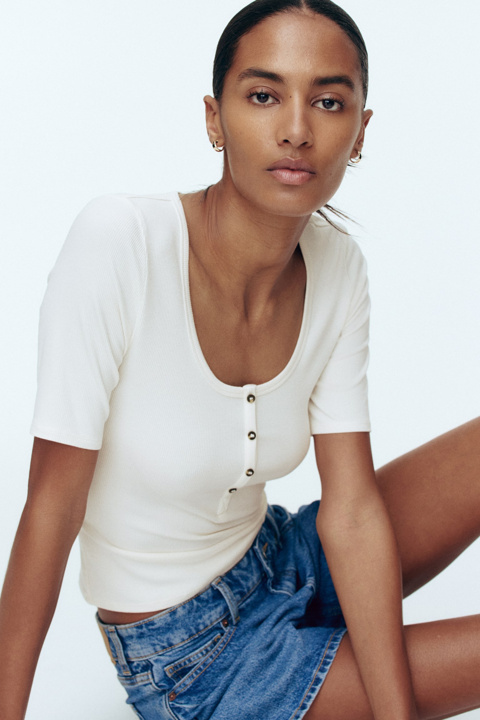 Áo viscose gân nổi - Màu kem/Màu ngọc lam khói nhạt - 3