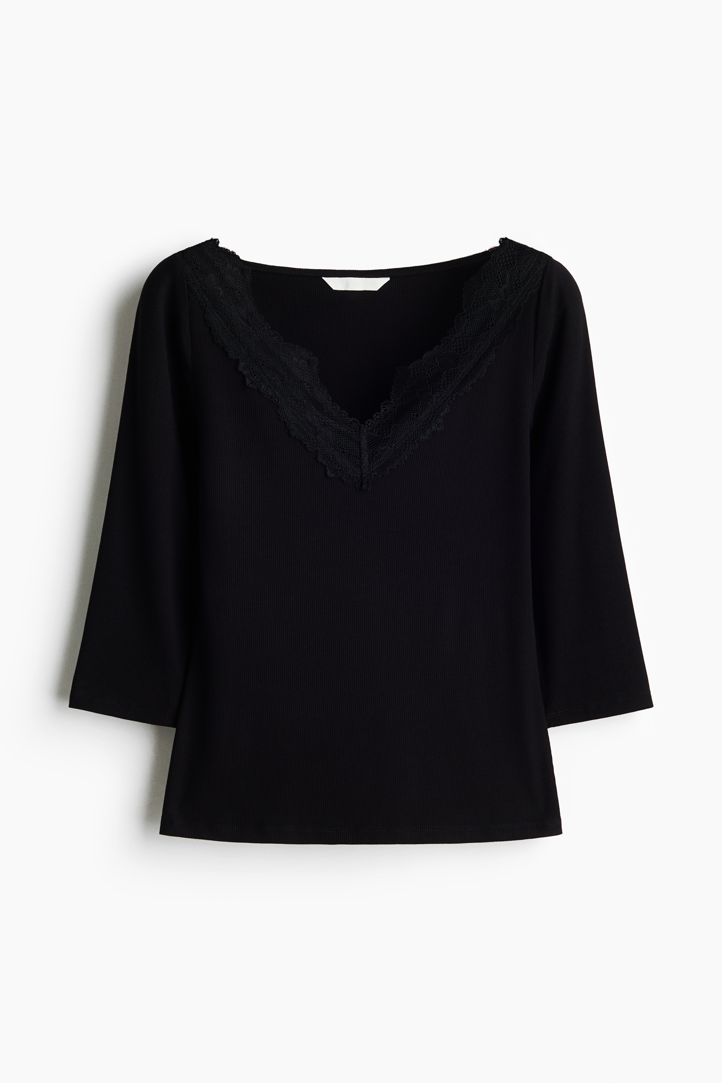 Lace Trim Rib Knit Top - Black/Brown/Cream