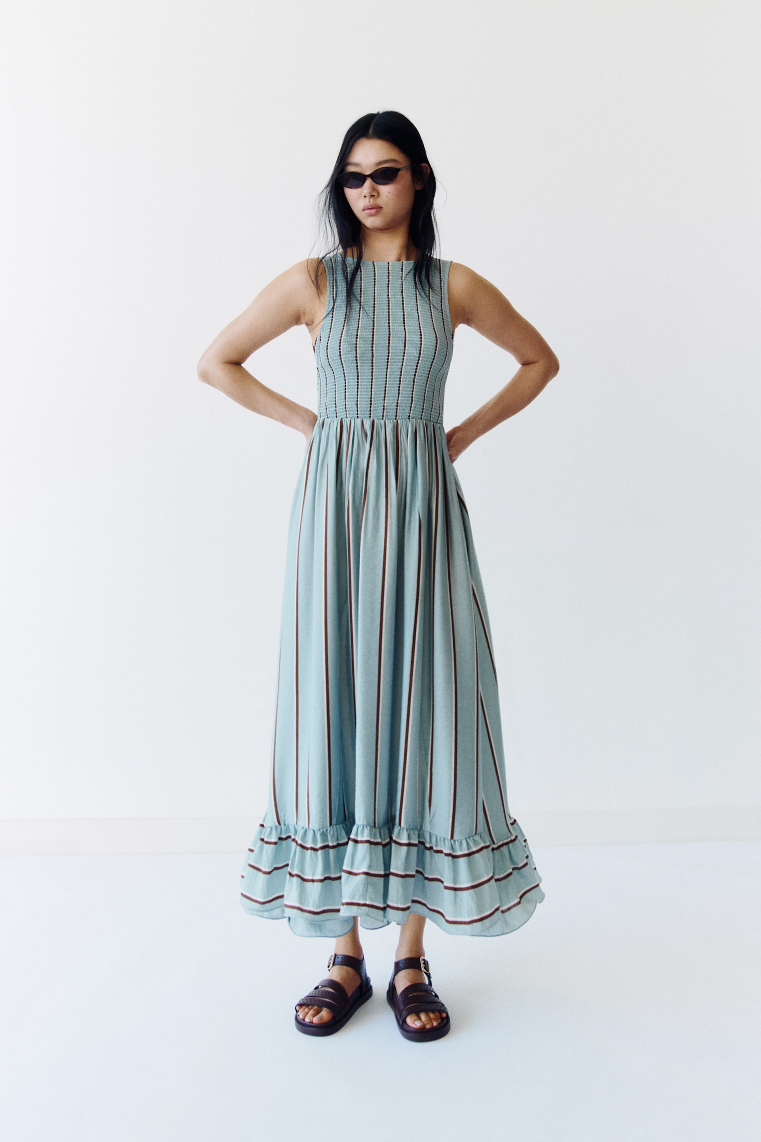 Smocked-bodice dress - Light dusty turquoise/Striped - 4