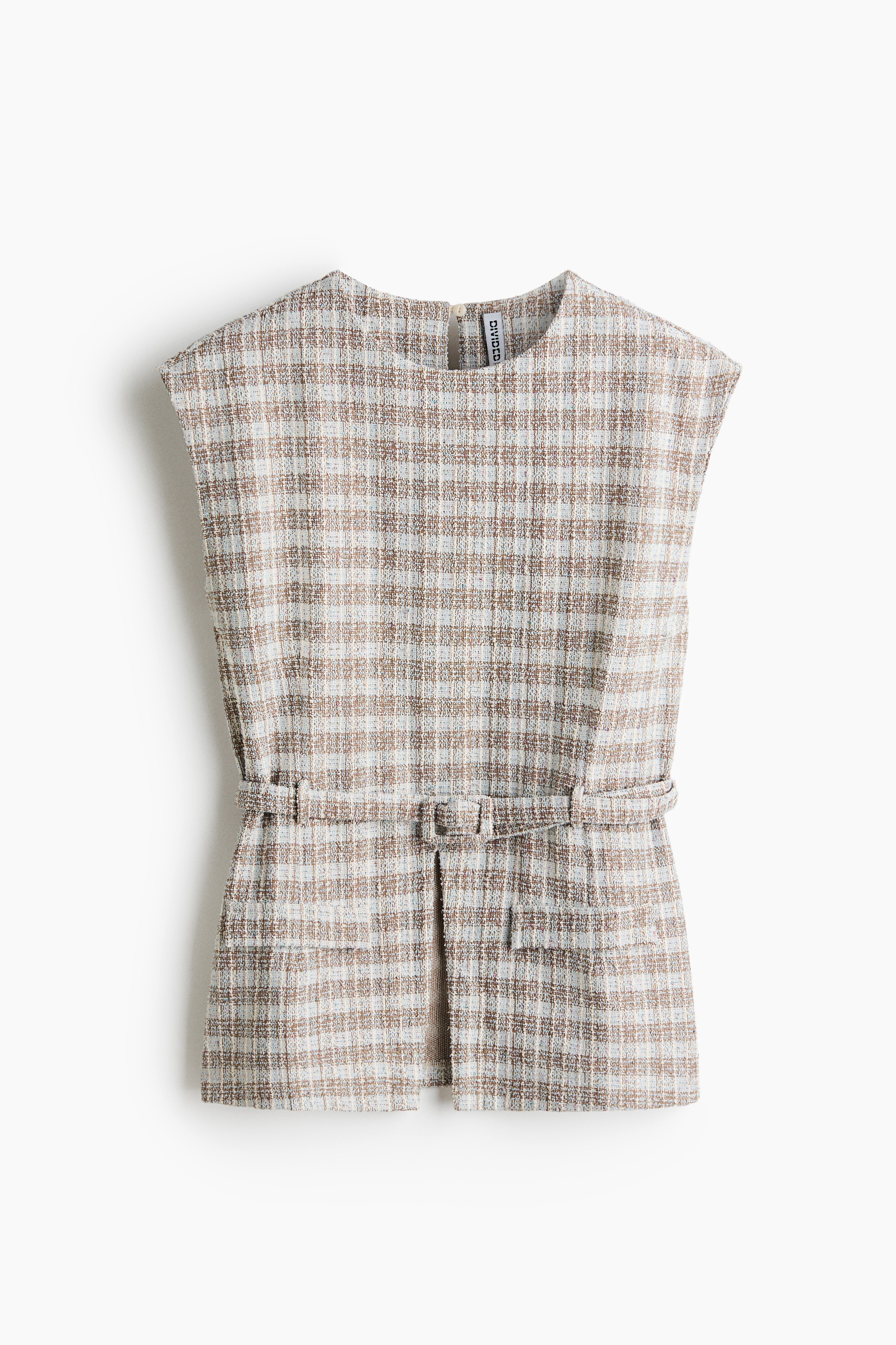 Belted bouclé-knit top - Light dusty blue/Checked