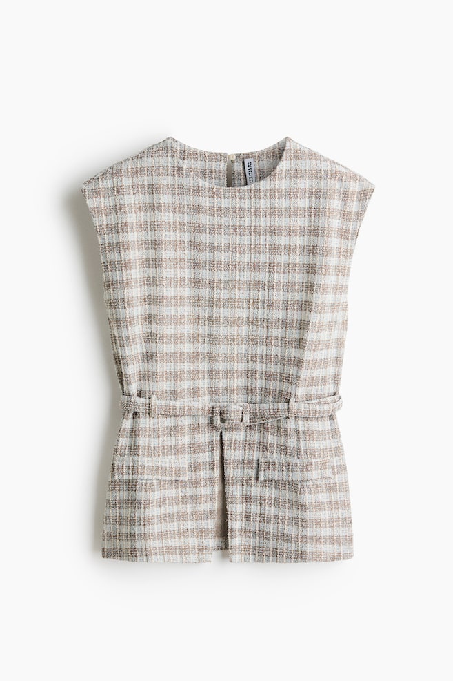 Belted bouclé-knit top - Light dusty blue/Checked - 1