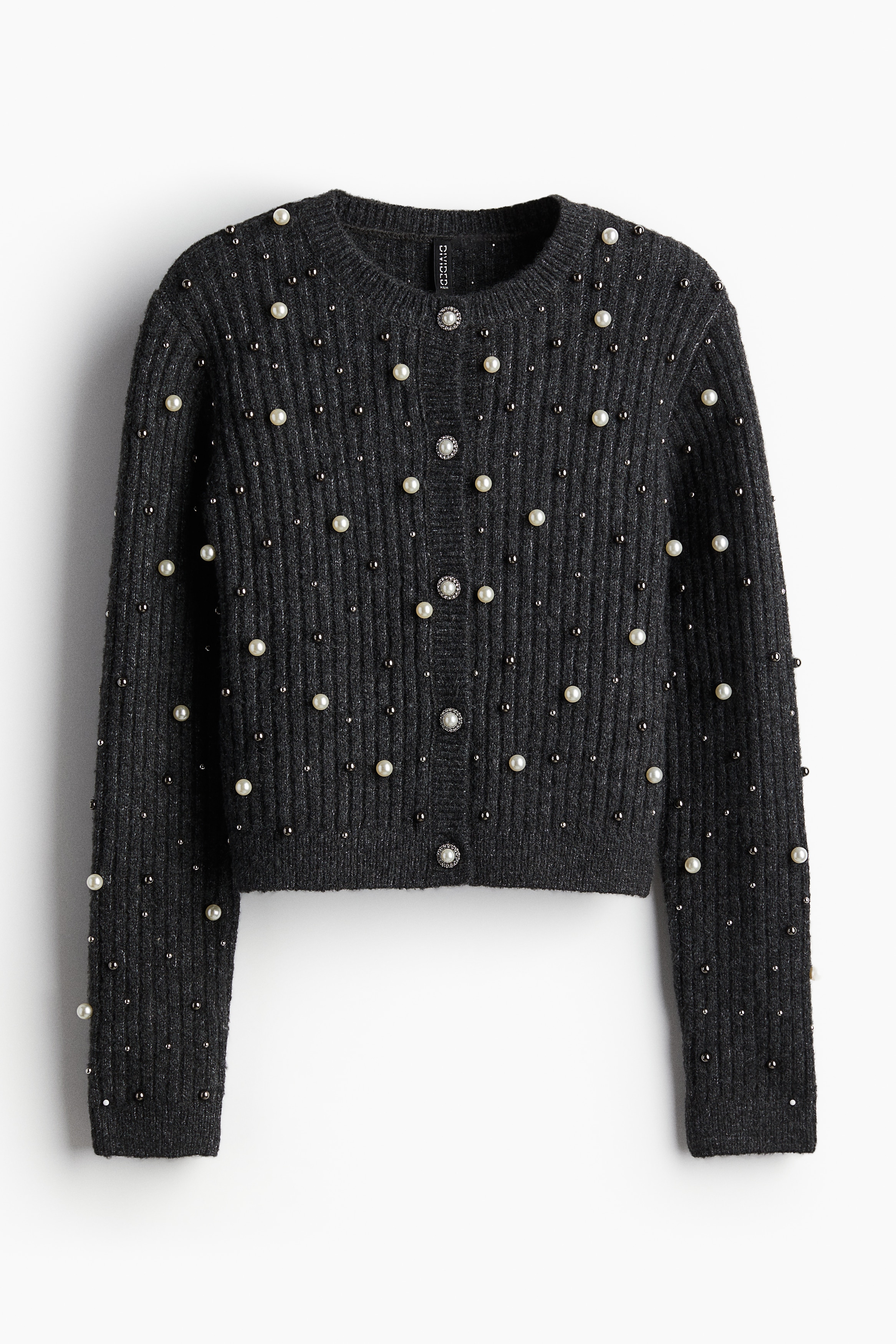 Ladies - Dark grey marl Beaded rib-knit cardigan - Size: M  - H&M