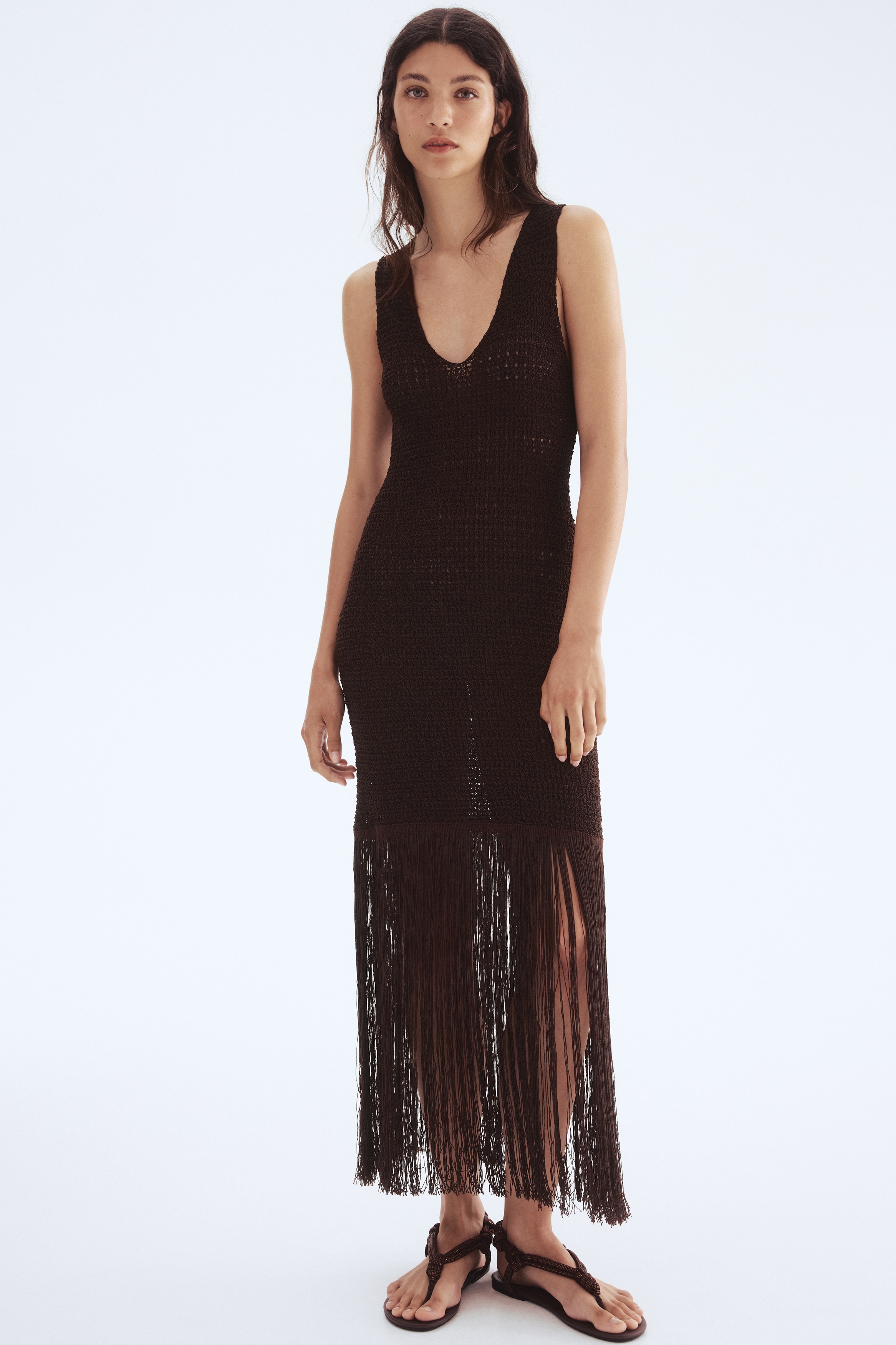 Fringe-Trimmed Knit Dress - Dark brown Fringe-Trimmed Knit Dress - Dark brown