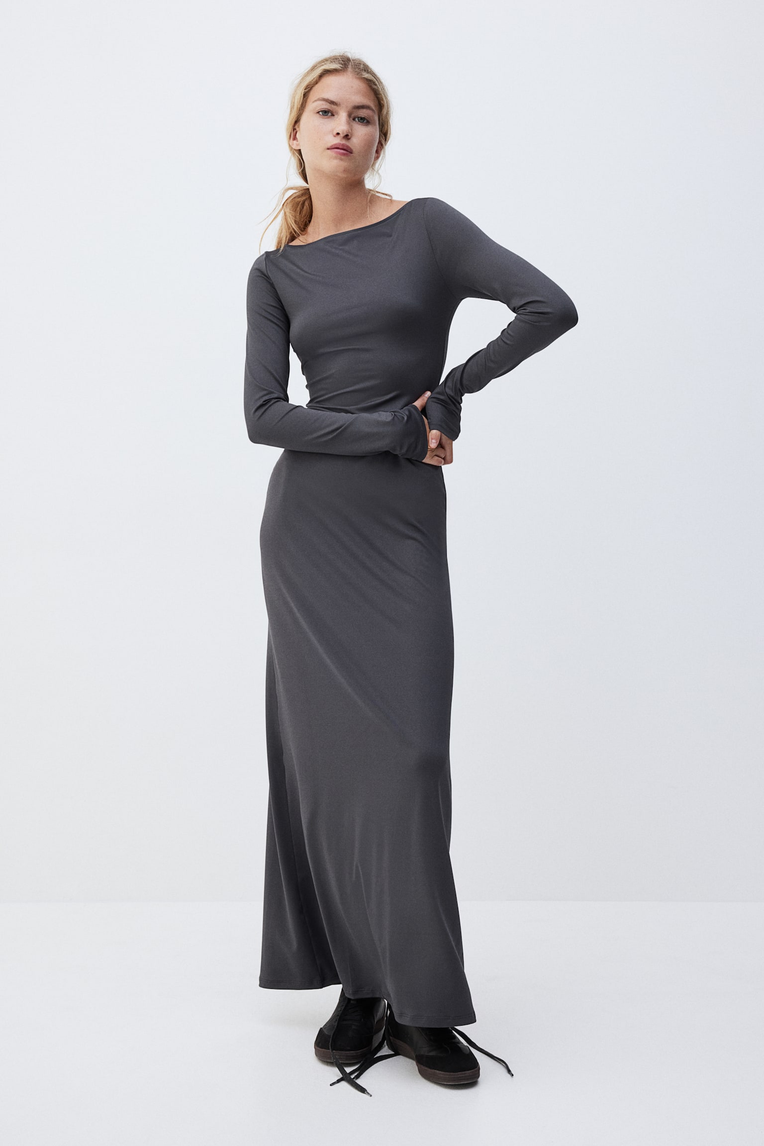 Boat-neck maxi dress - Dark grey/Black/Light beige/Black - 6