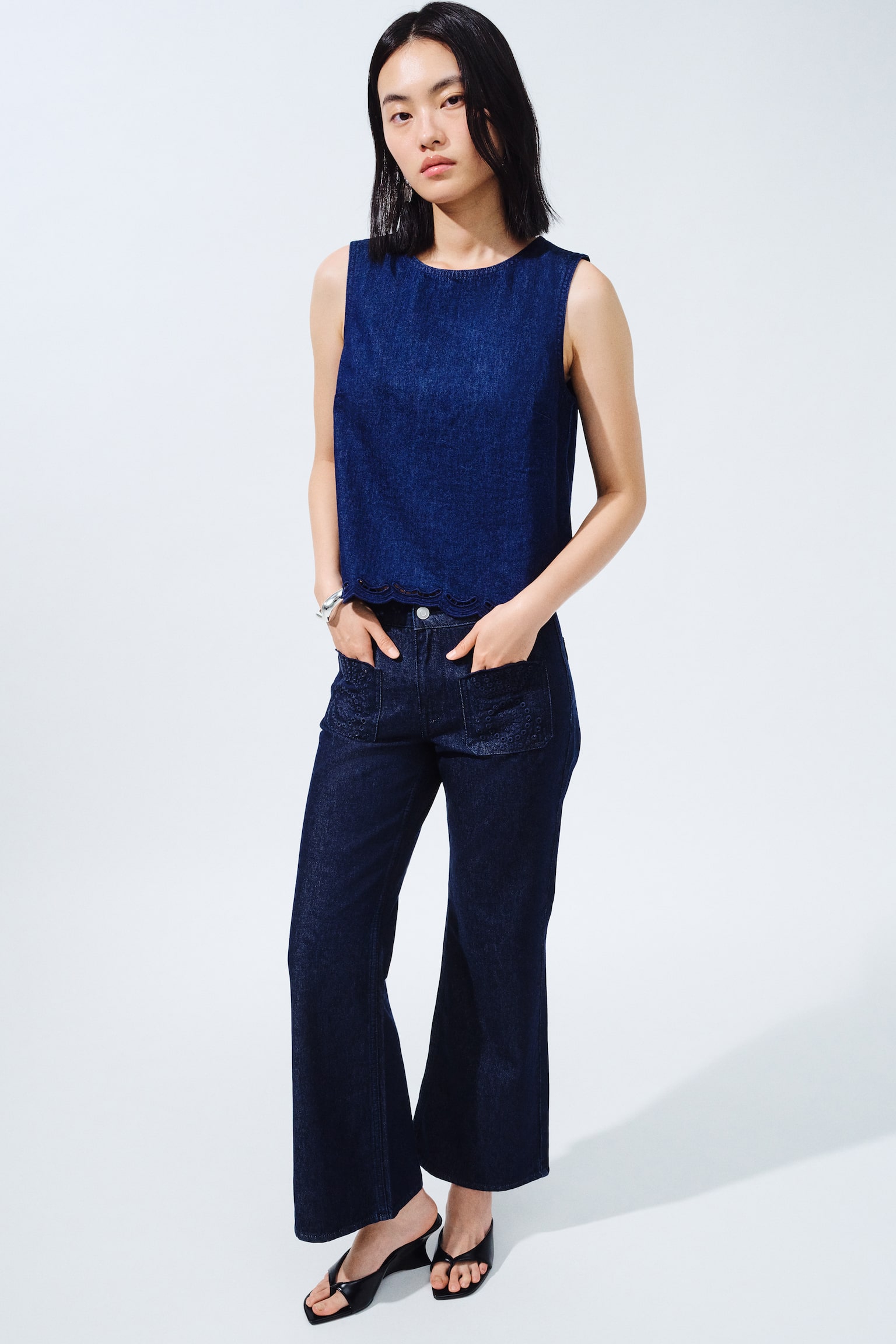 Flared Regular Waist Ankle Jeans - Dark denim blue - 1