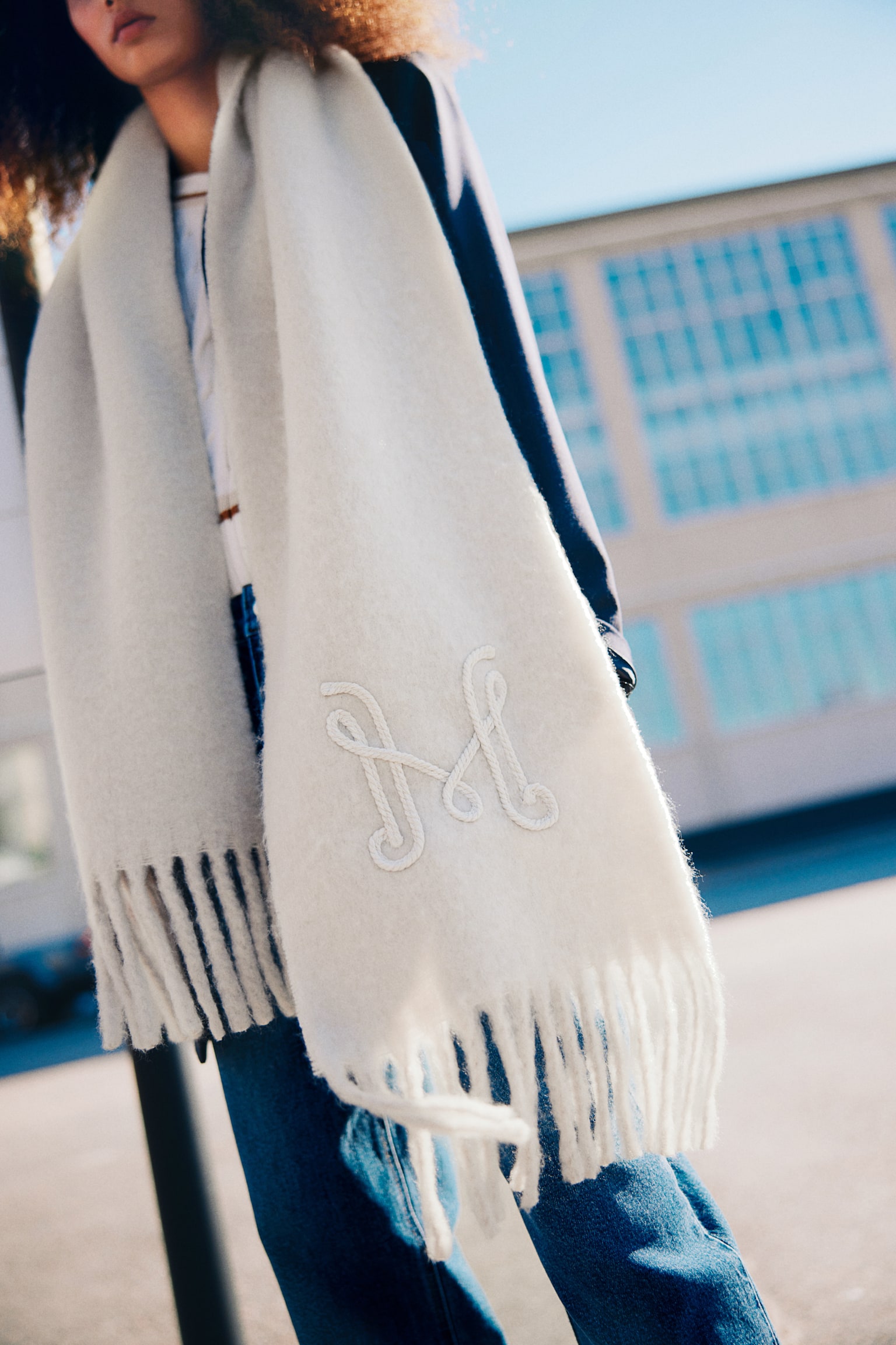 Embroidery-detail scarf - Light beige/Navy blue - 6