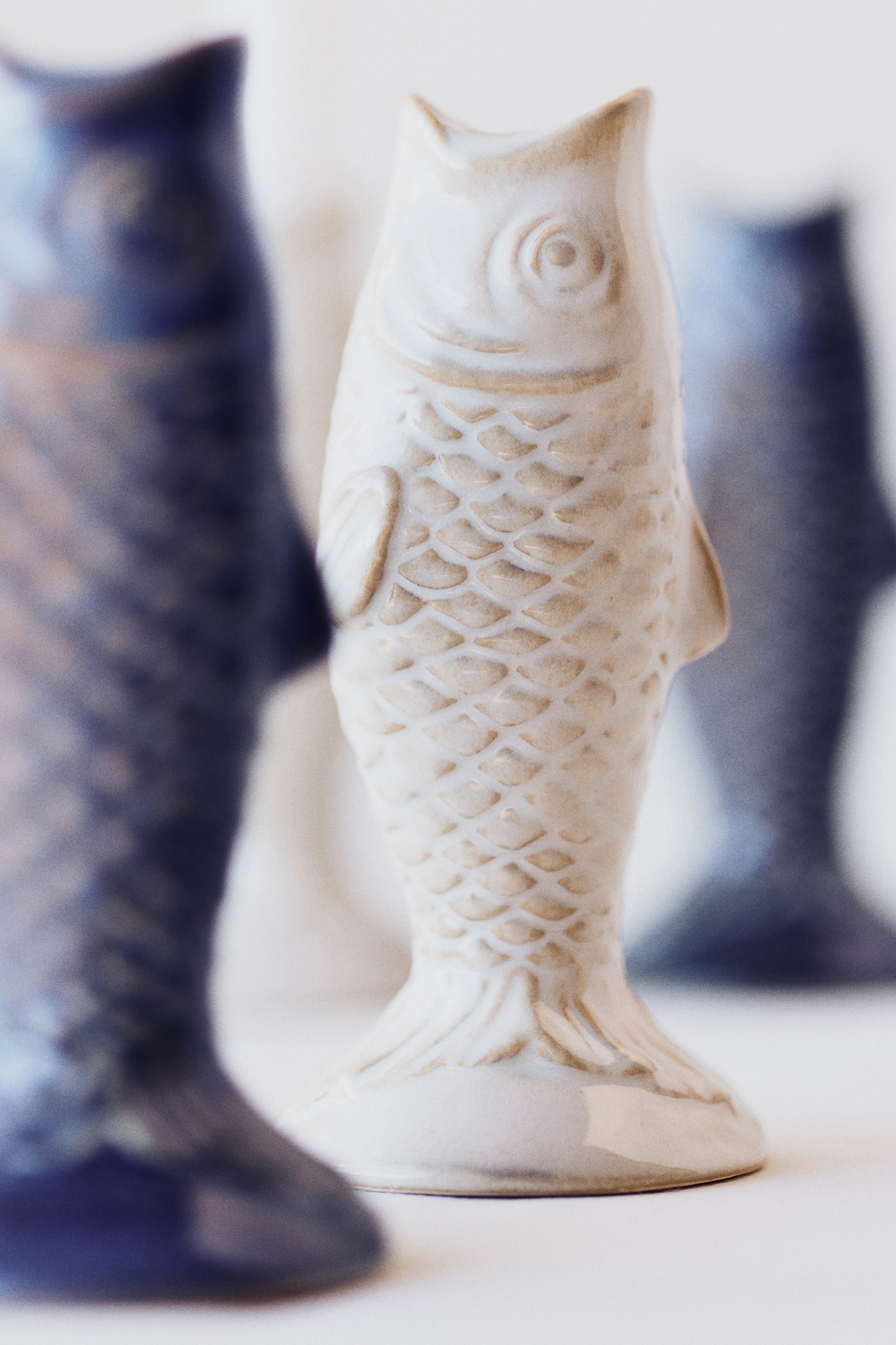 Stoneware Candlestick - Light beige/Blue