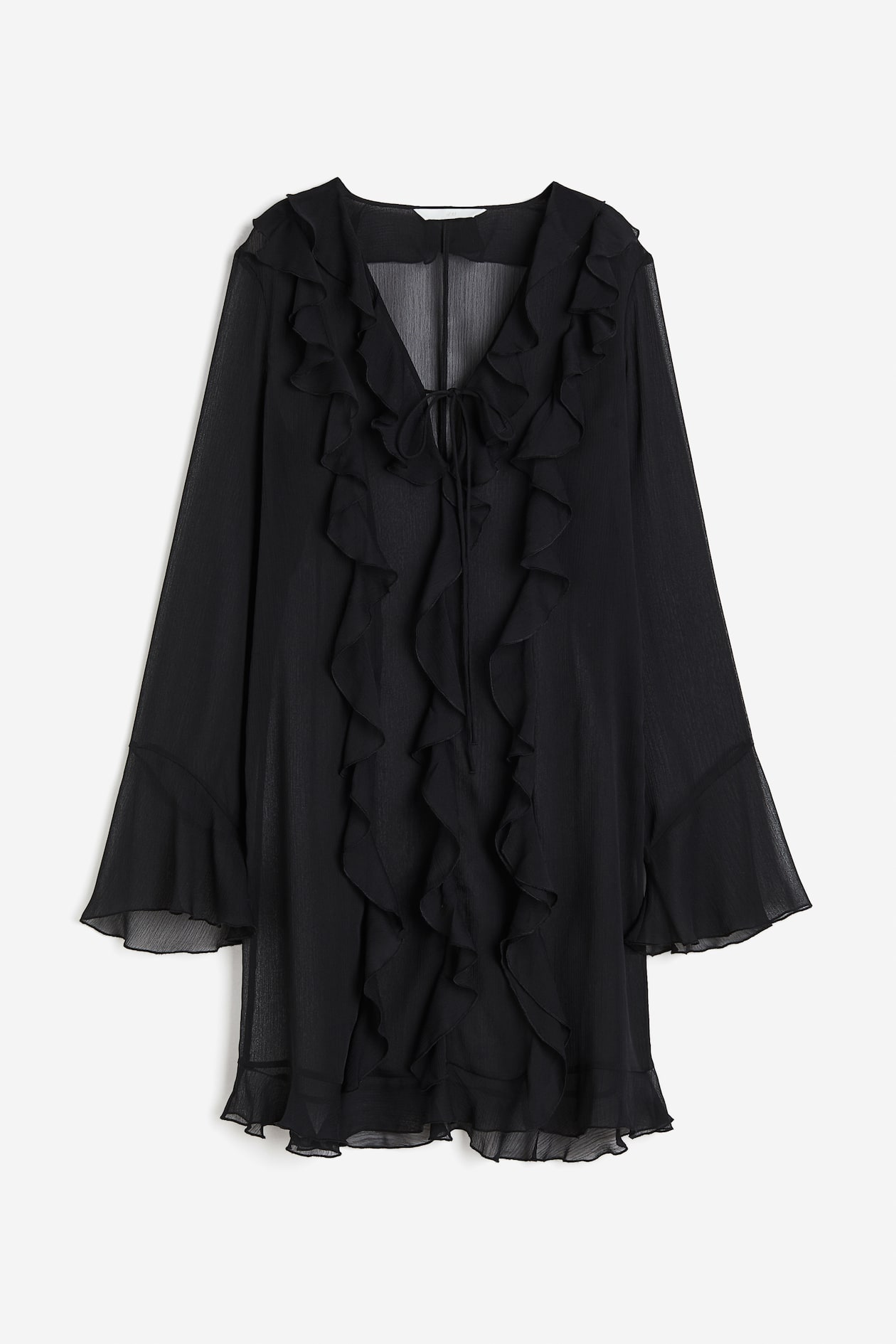 Flounced chiffon dress - Deep neckline - Long sleeve - Black 
