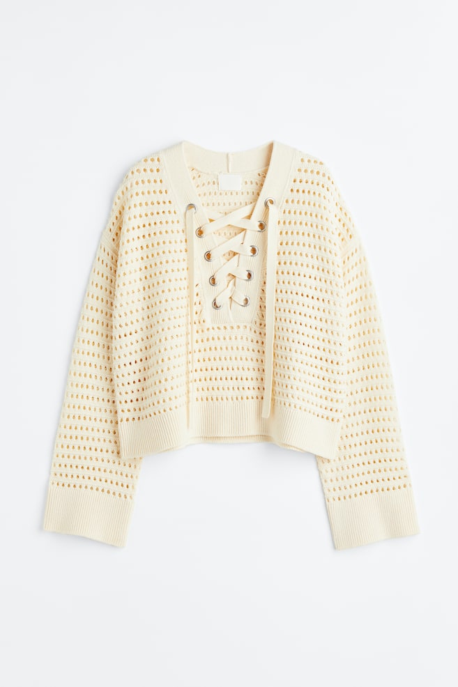 Pointelle-knit jumper with lacing - Cream - 1