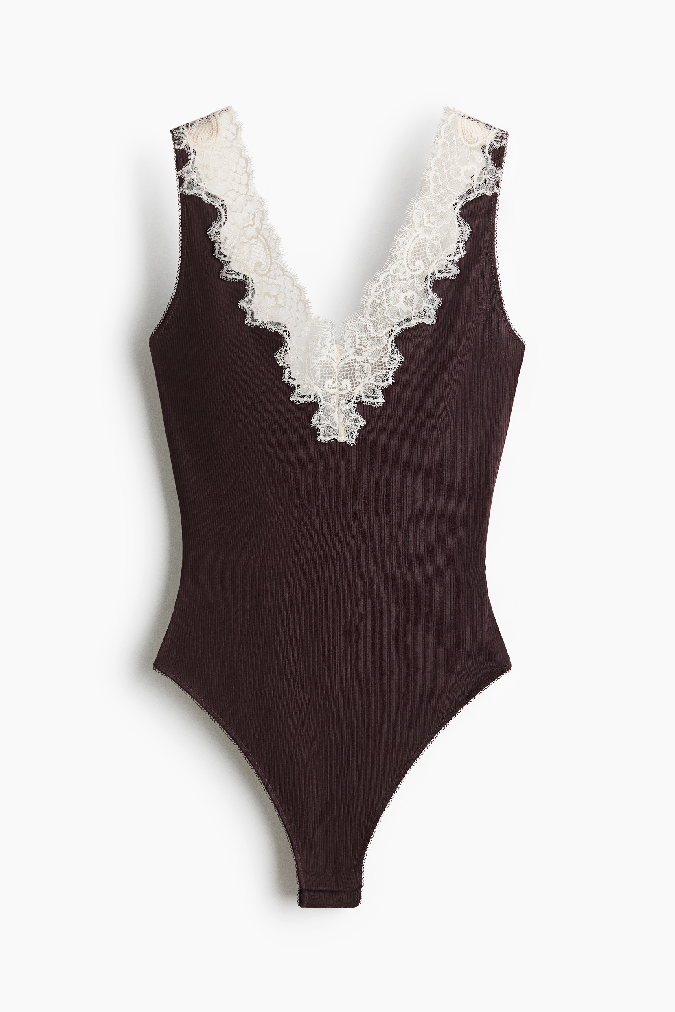 V-Neck Cotton Thong Bodysuit - Dark brown