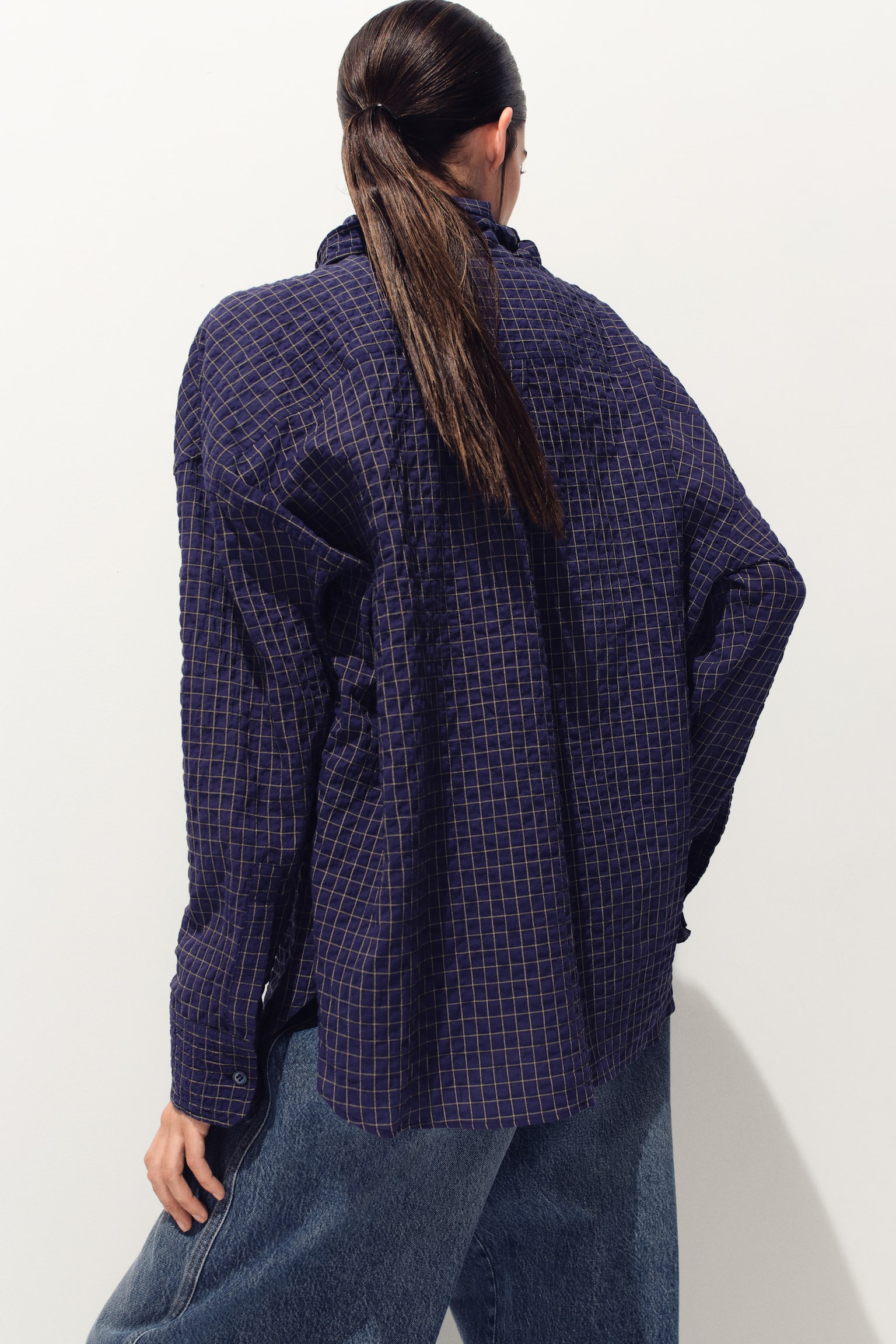 Seersucker shirt with scarf - Dark blue/Checked/Brown - 4