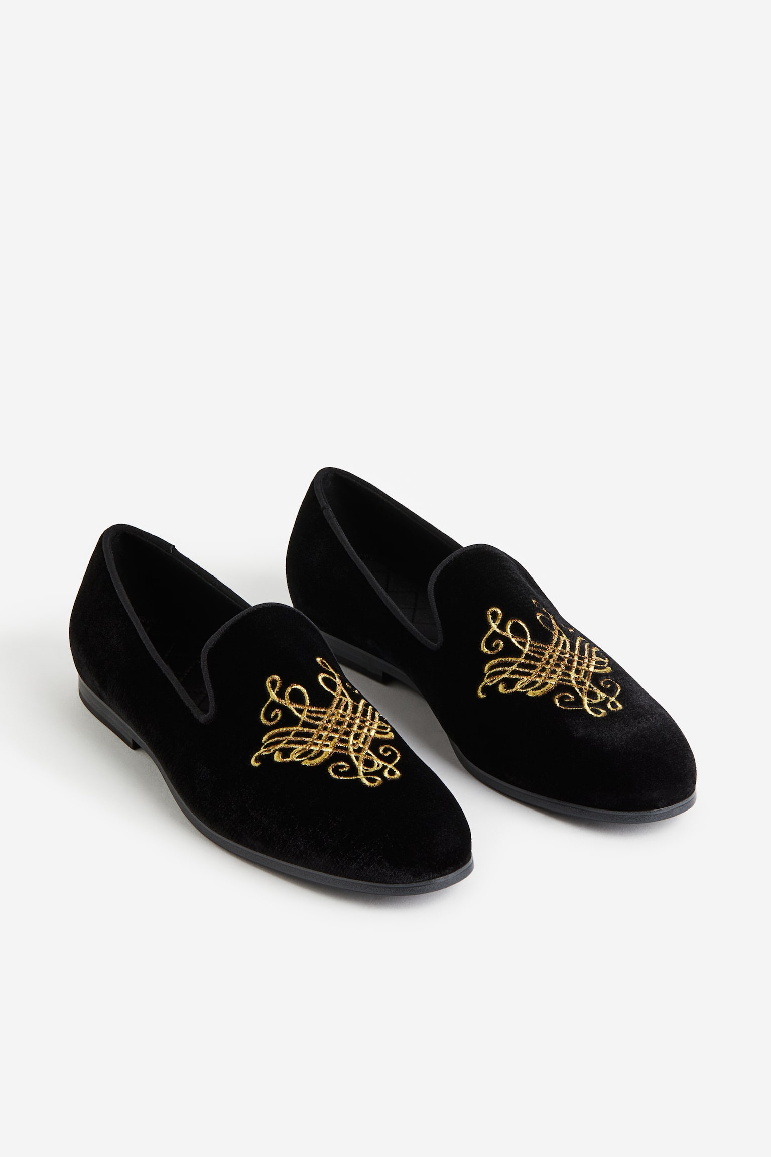 Embroidered Velour Loafers - Black - 2