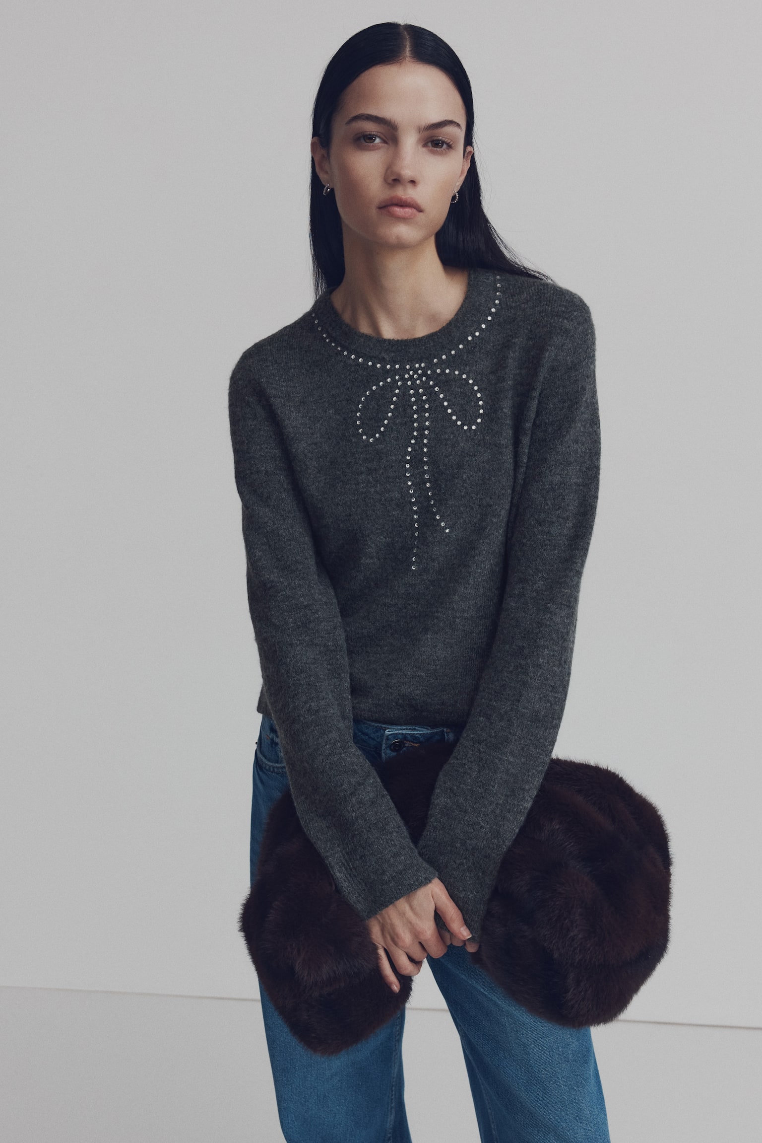 Embellished jumper - Dark grey/Bow/Dark brown - 1