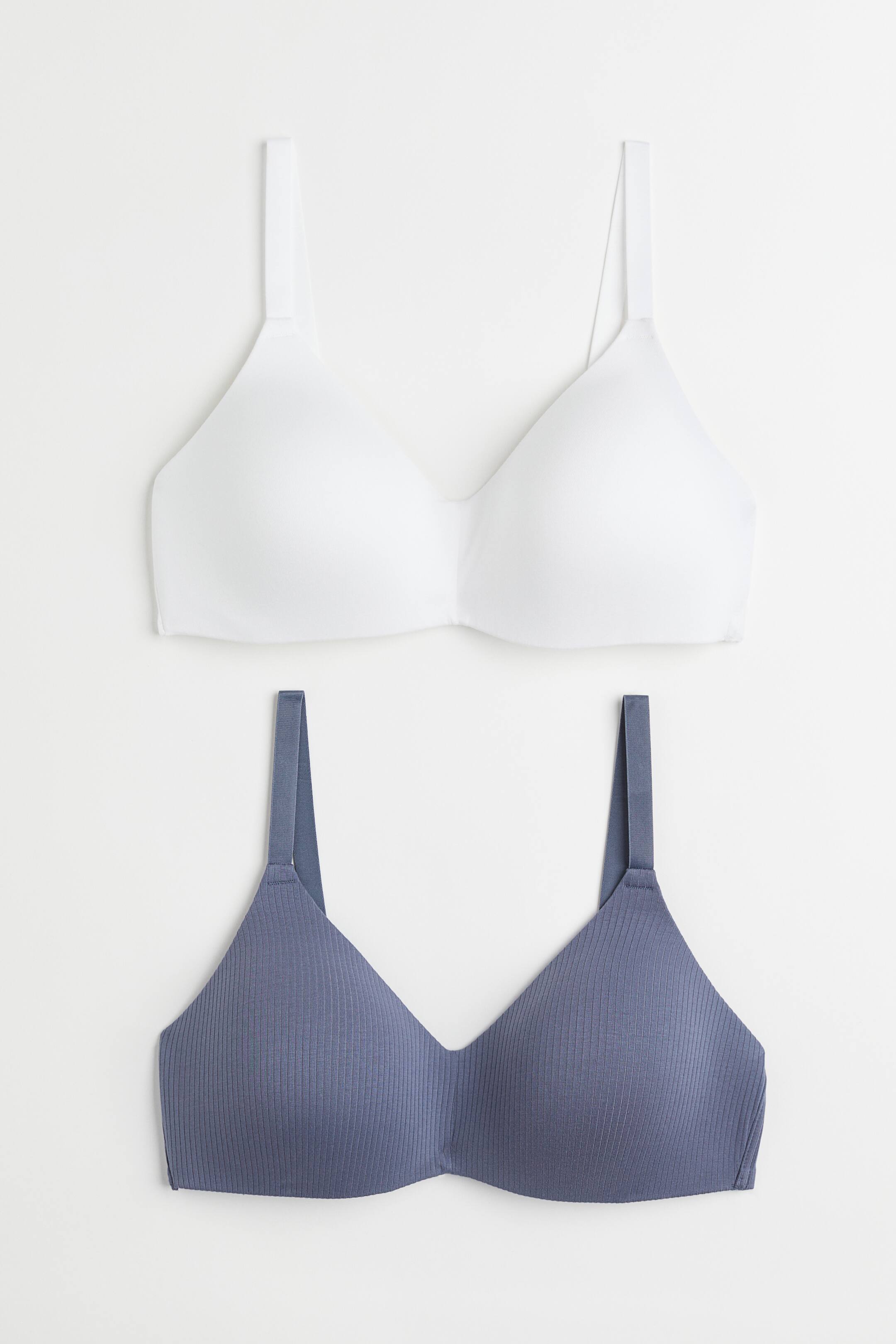 View larger image: H&M+ 2-pack non-wired cotton bras - White/Pigeon blue - Ladies | H&M 1