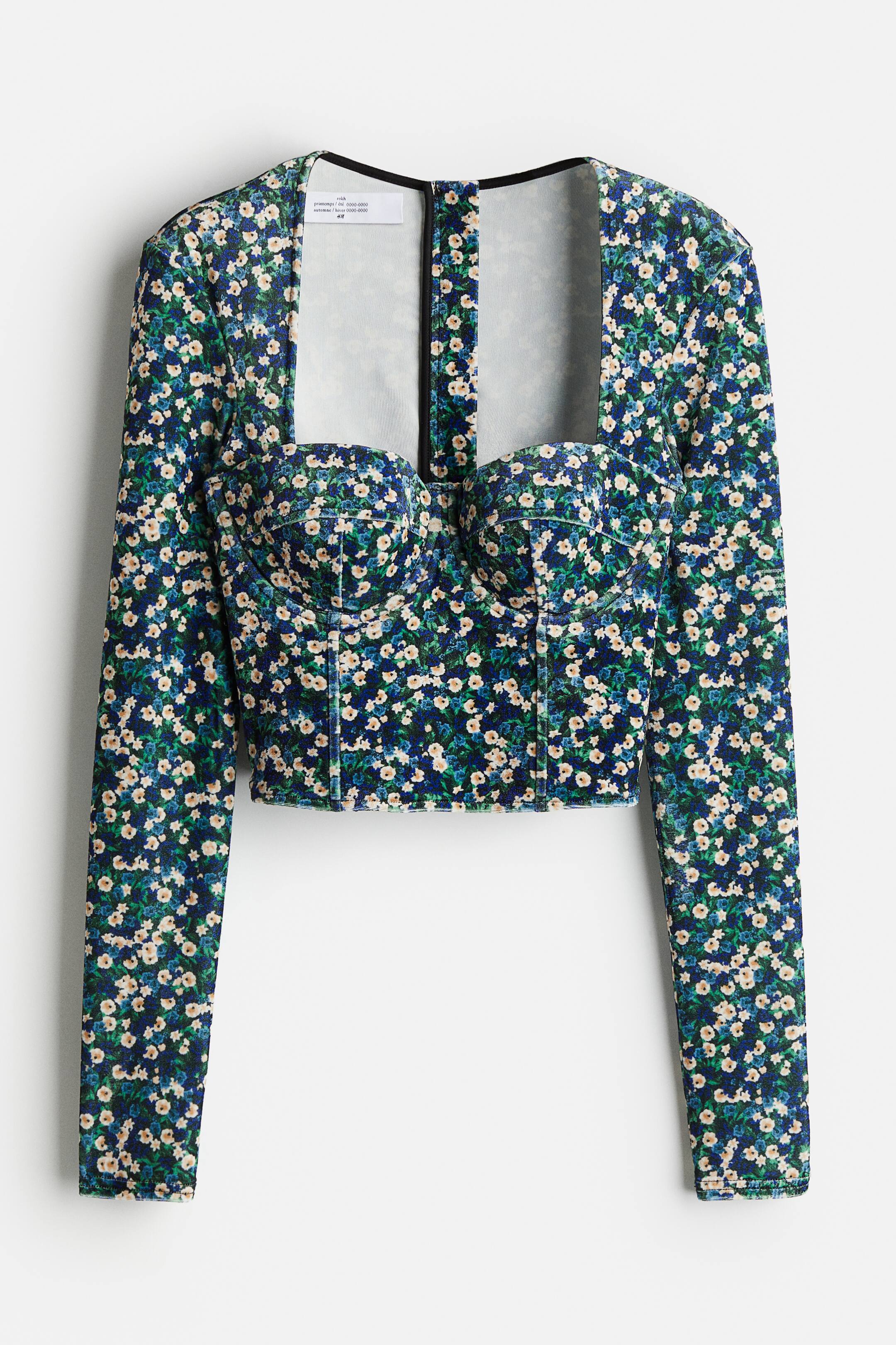 Prikaži veću sliku: Bluza od velura u stilu korseta - Jarkoplava/cvetni dezen - Ladies | H&M RS 1