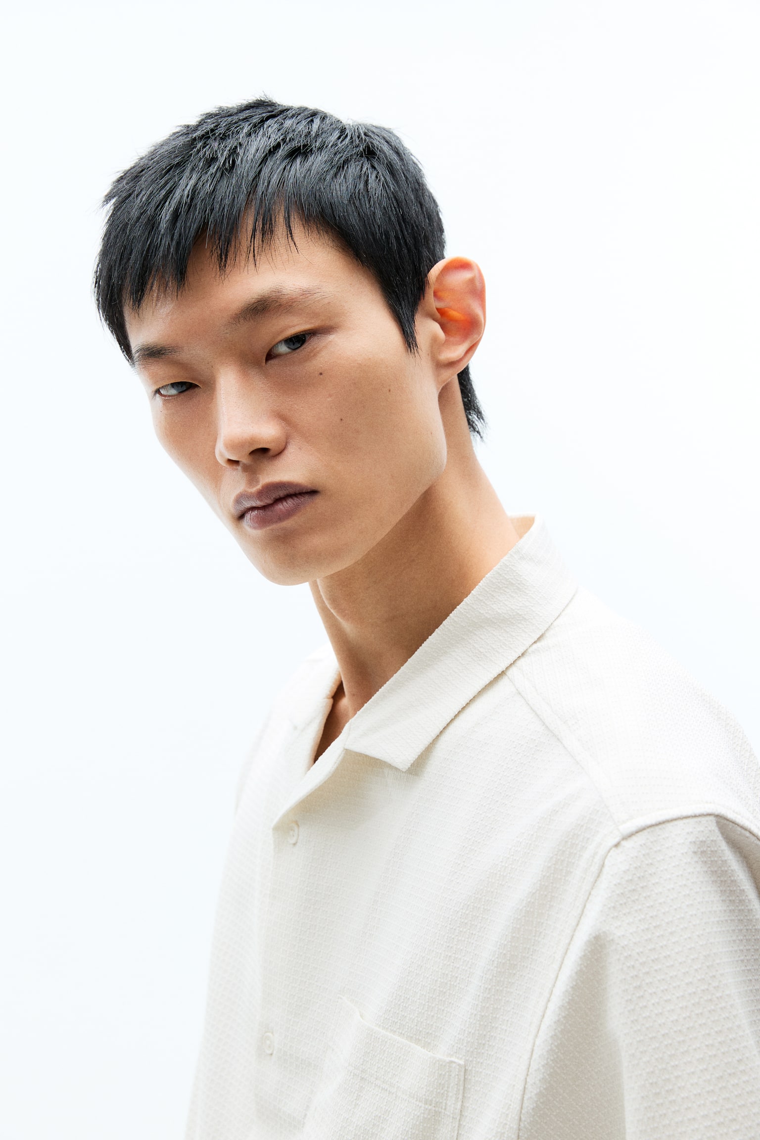 Loose-Fit Textured Resort Shirt - White/Navy blue/Green - 3