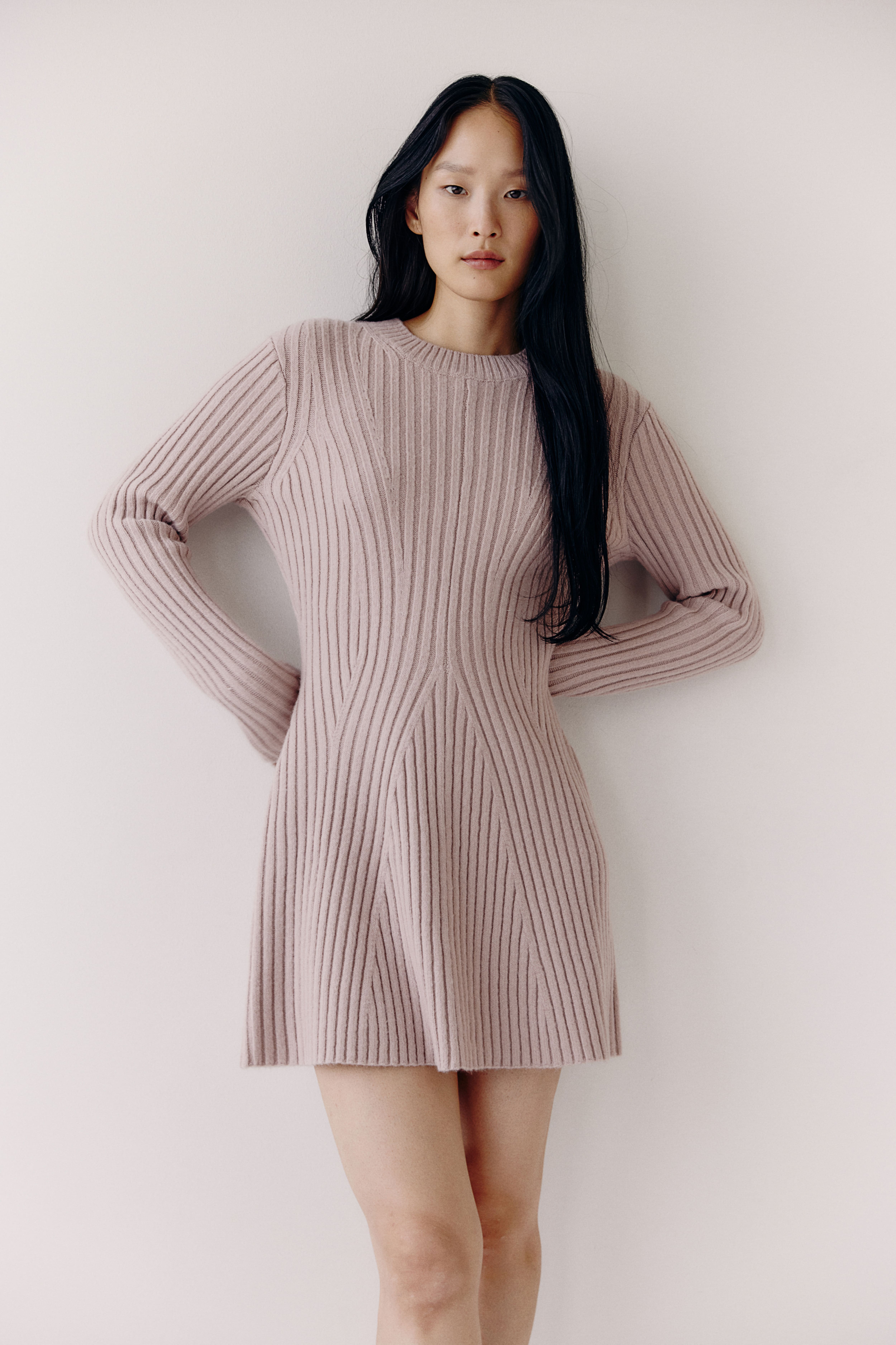 Rib-knit Dress - Round Neck - Long sleeve - Powder pink - Ladies | H&M US