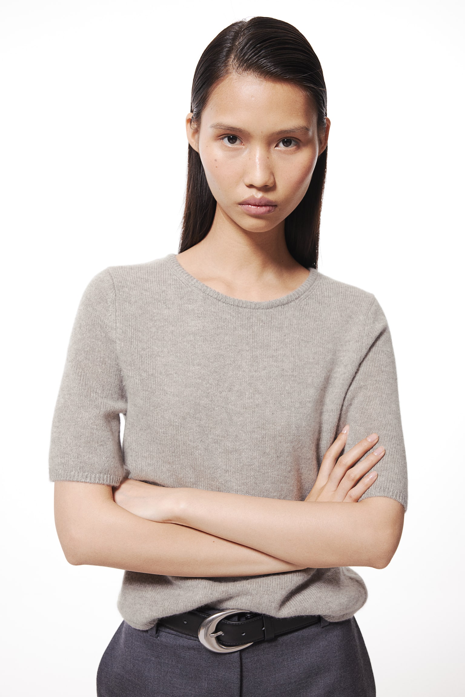 Cashmere T-shirt - Greige marl/Cream/Black - 1