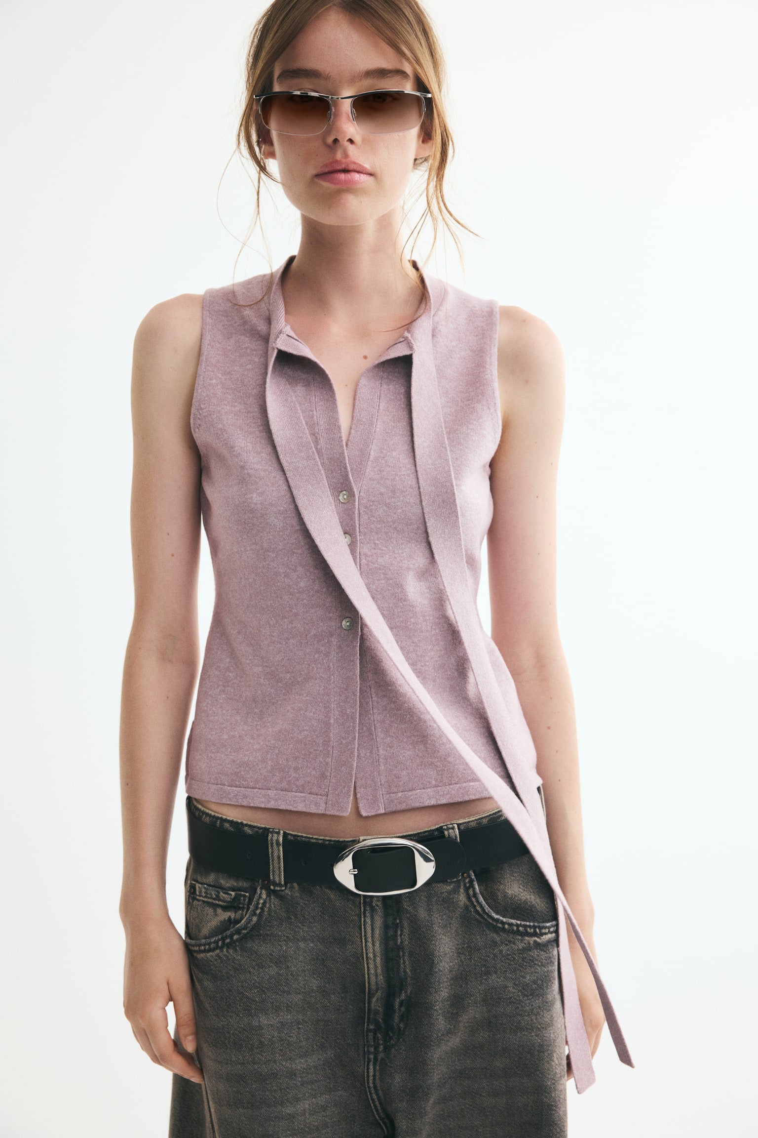 Knit Bow-Collar Top - Light dusty purple/Dark gray melange - 1