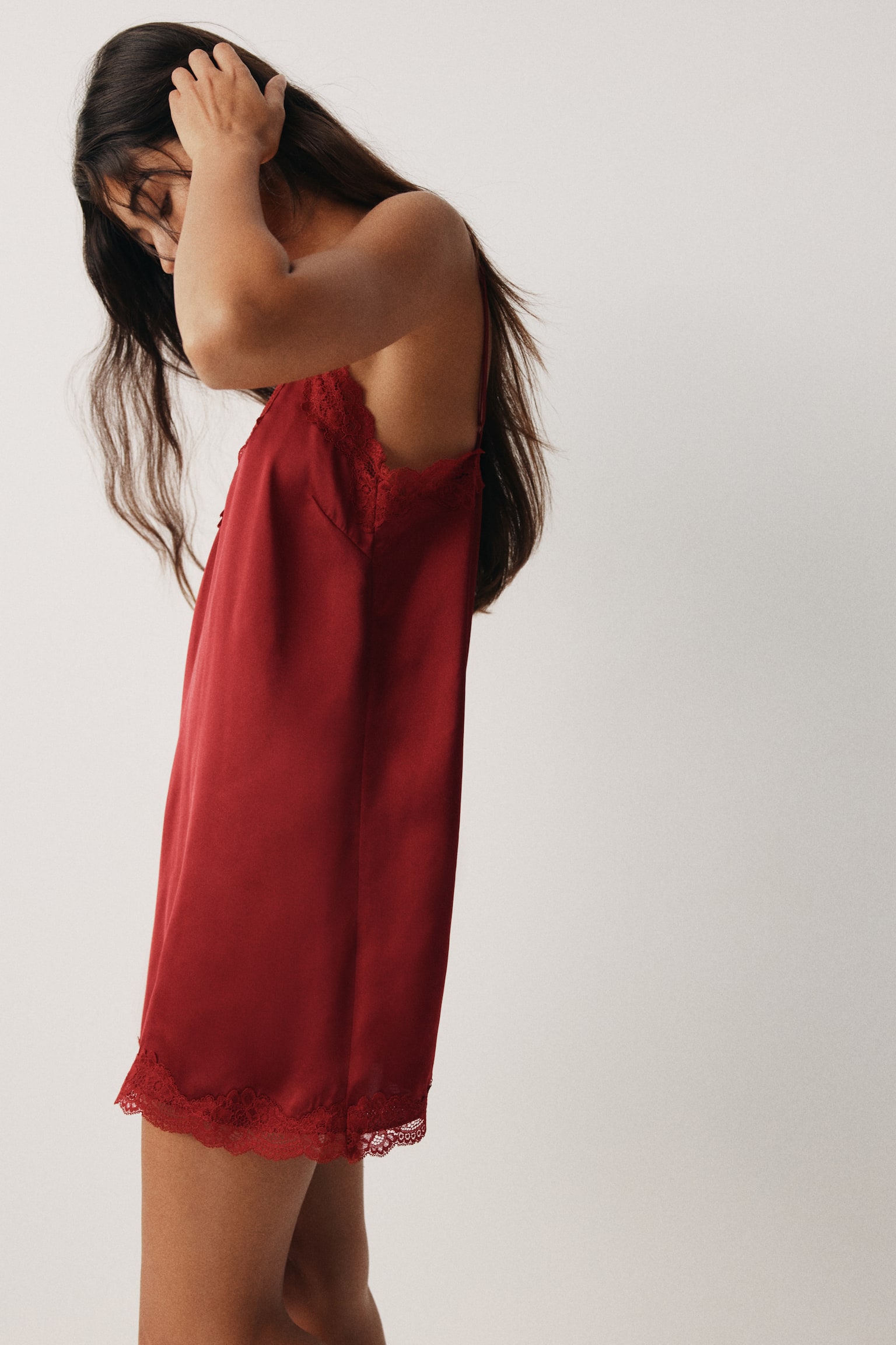 Lace-Trimmed Satin Nightgown - Dark red