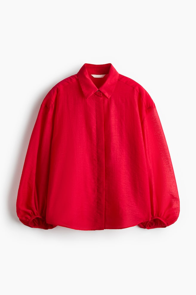 Balloon-sleeved linen-blend shirt - Red - 1