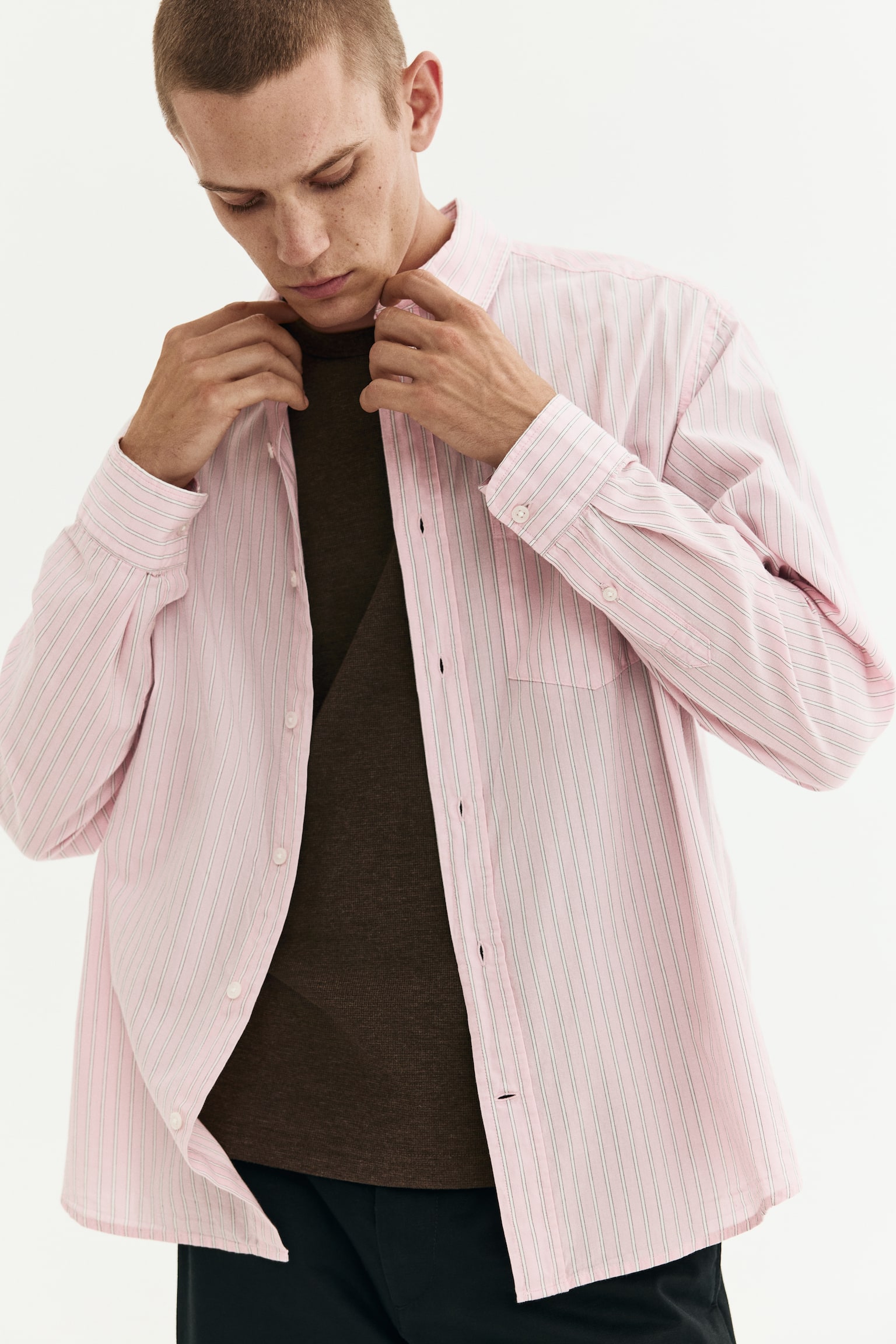 Áo sơ mi cotton Relaxed Fit - Màu hồng nhạt/Kẻ - 3