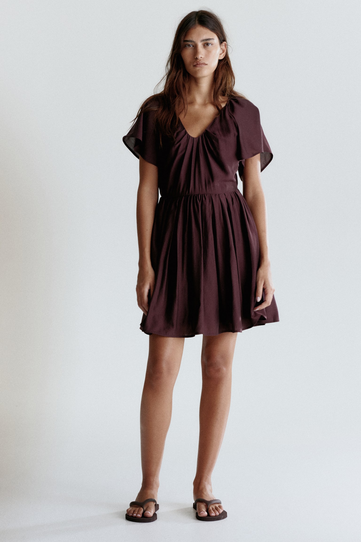 Flared-skirt dress - Burgundy/White/Floral/Beige - 4