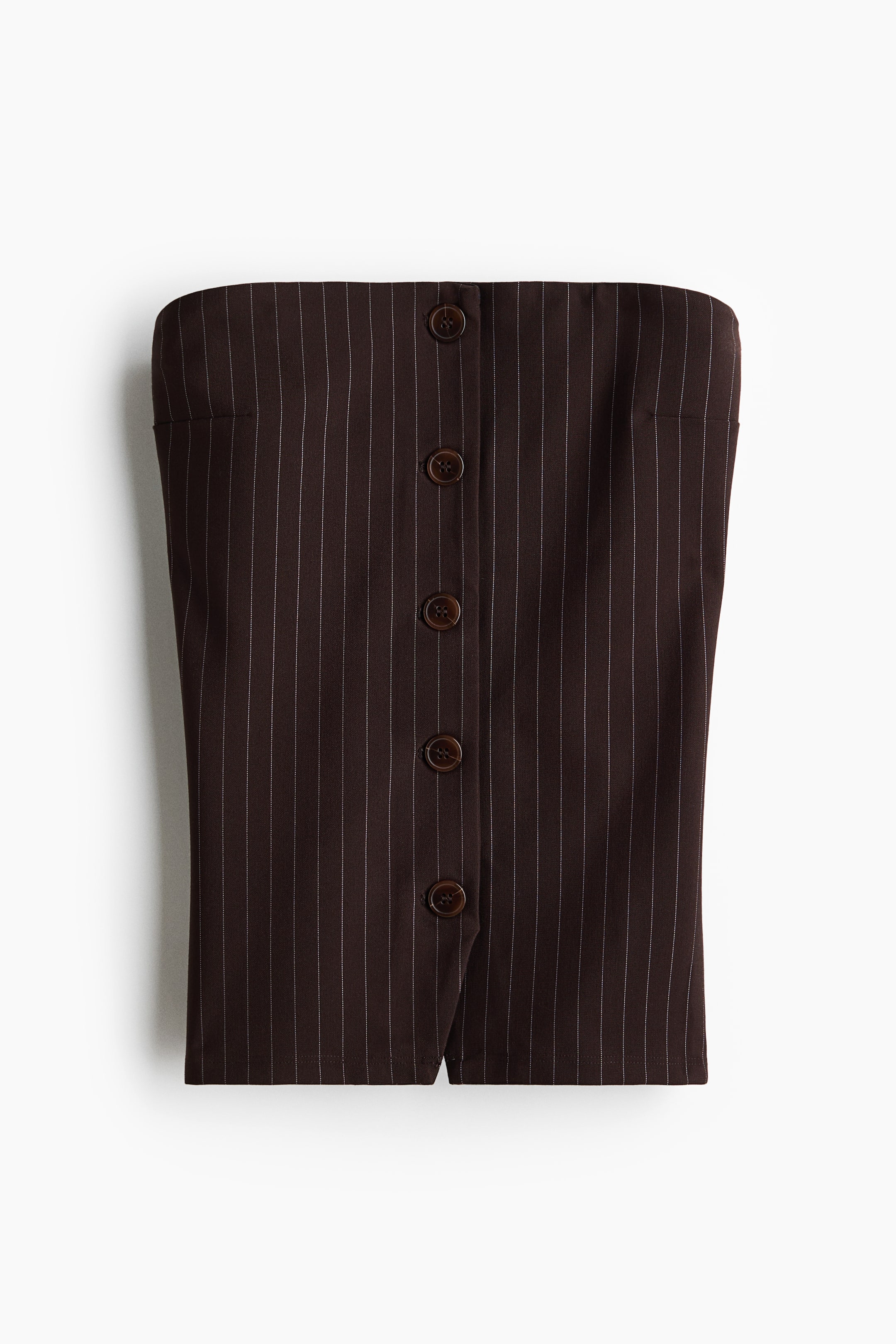 Voir une image plus grande: Un haut sans bretelles de couleur brun foncé avec de fines rayures blanches est montré de face. Il est doté de cinq boutons circulaires bruns qui descendent au centre avant, et son ourlet inférieur est coupé avec un léger chevauchement.