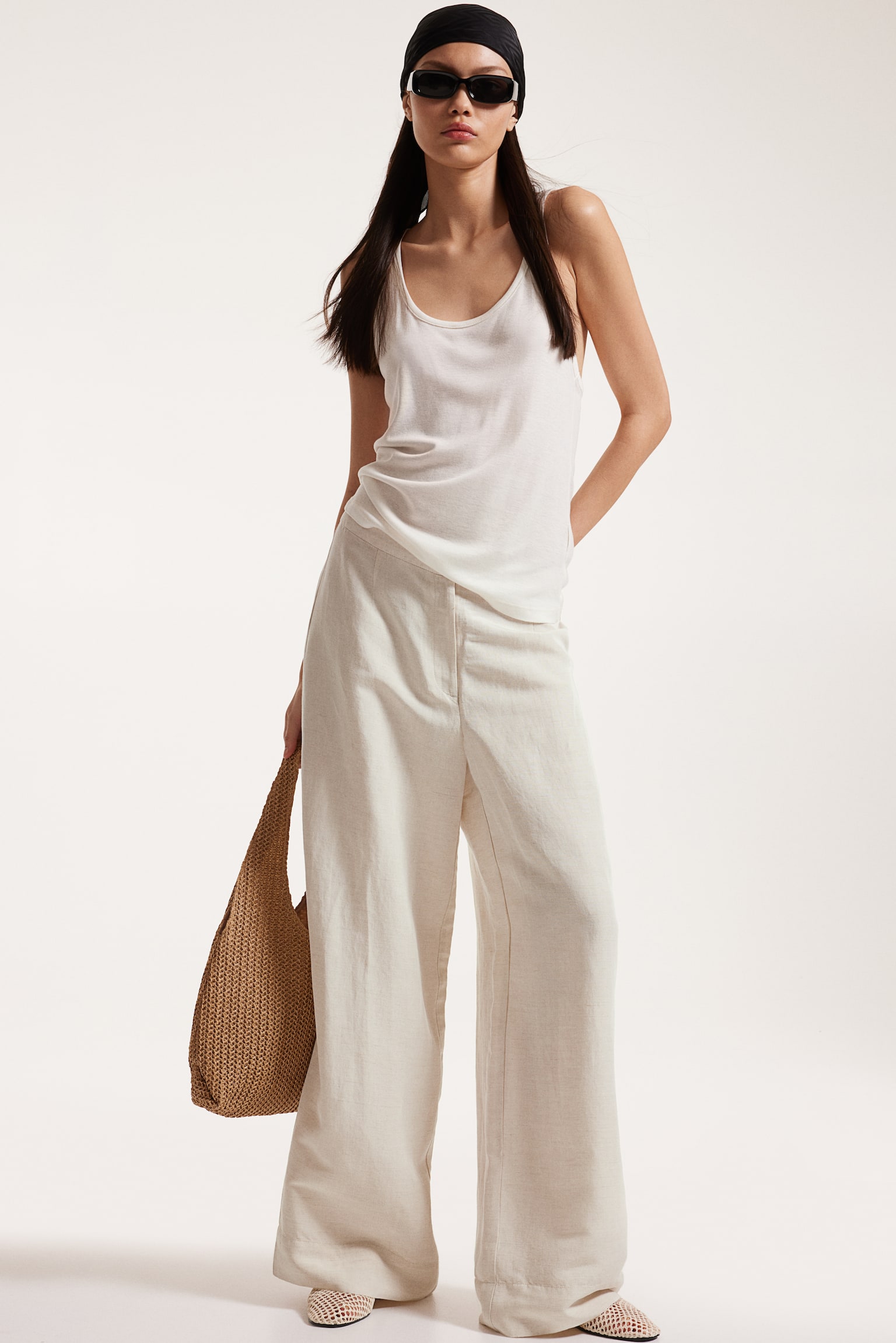 Linen Blend Pants - Natural white/Black/White/Beige - 1