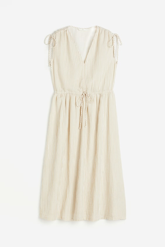 Drawstring-detail Dress - V-neck - Sleeveless - Beige/striped - Ladies ...