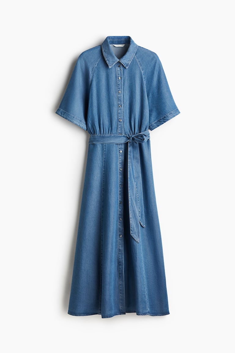 h&m denim dress with belt Women's Denim blue Tie Belt Denim Dress