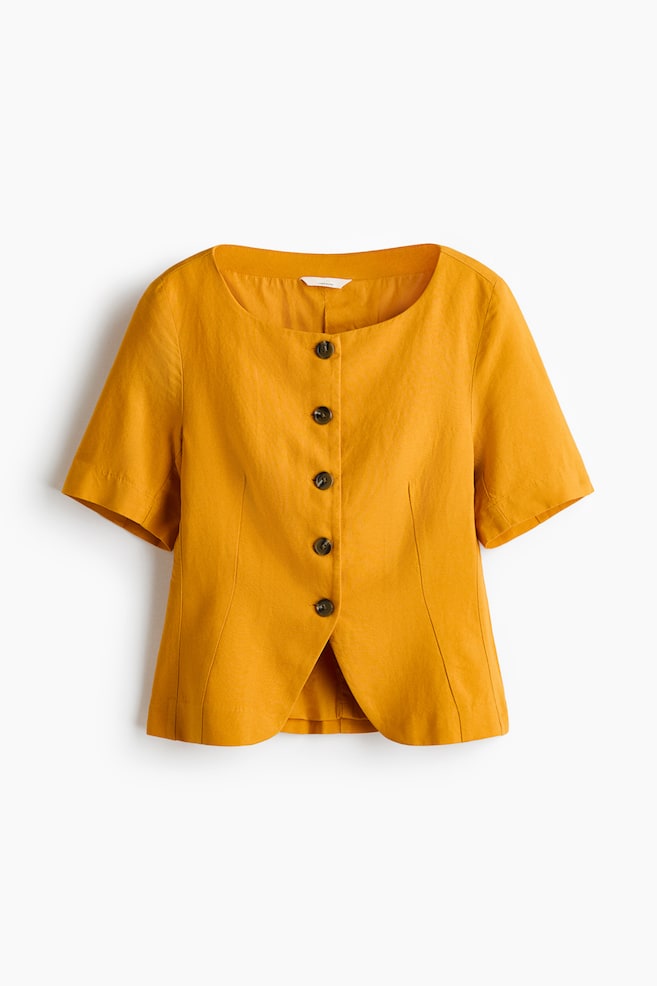 Short-sleeved linen-blend blazer - Dark yellow/Brown - 1