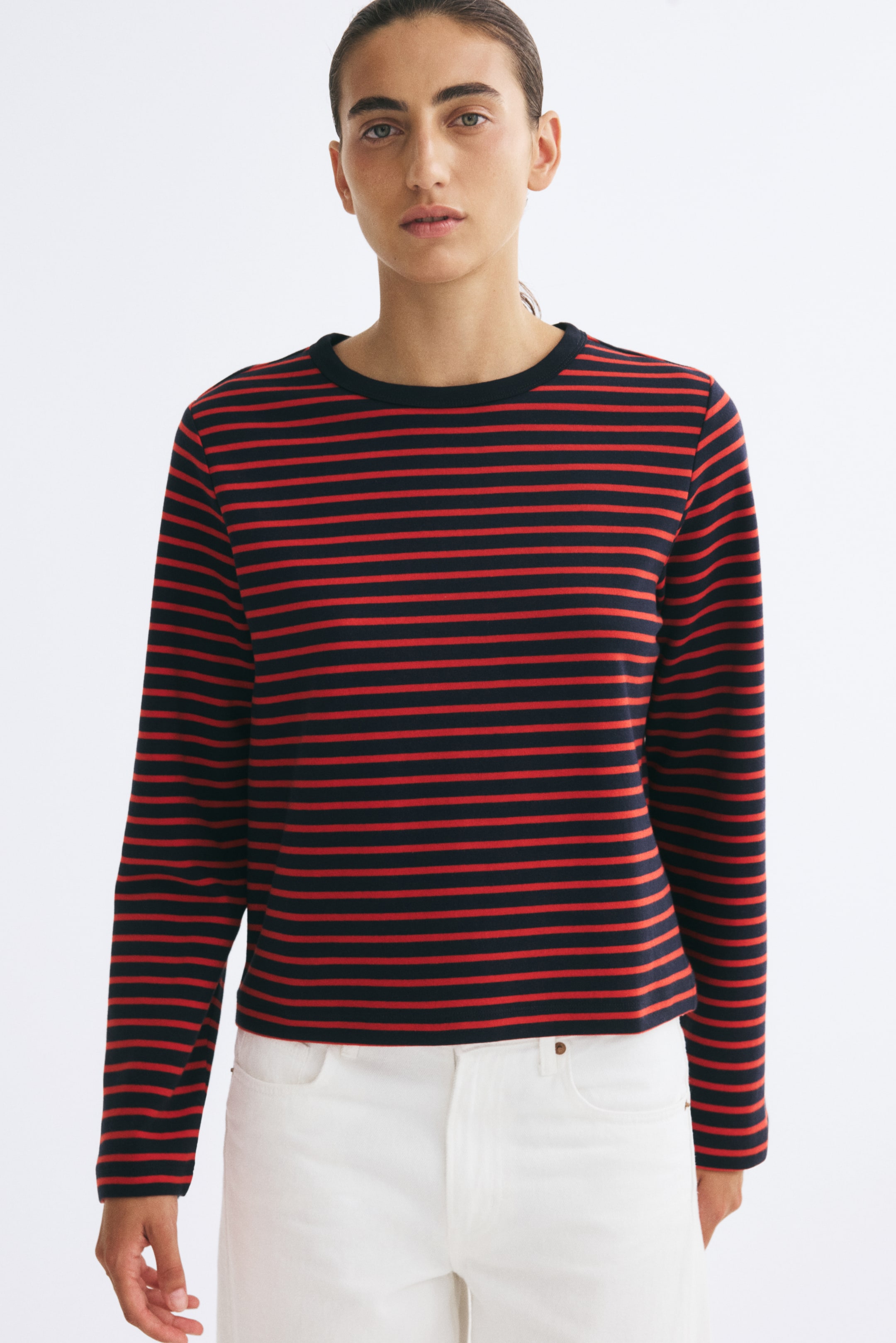 View larger image: Long-sleeved jersey top - Navy blue/Red striped - Ladies | H&M 1