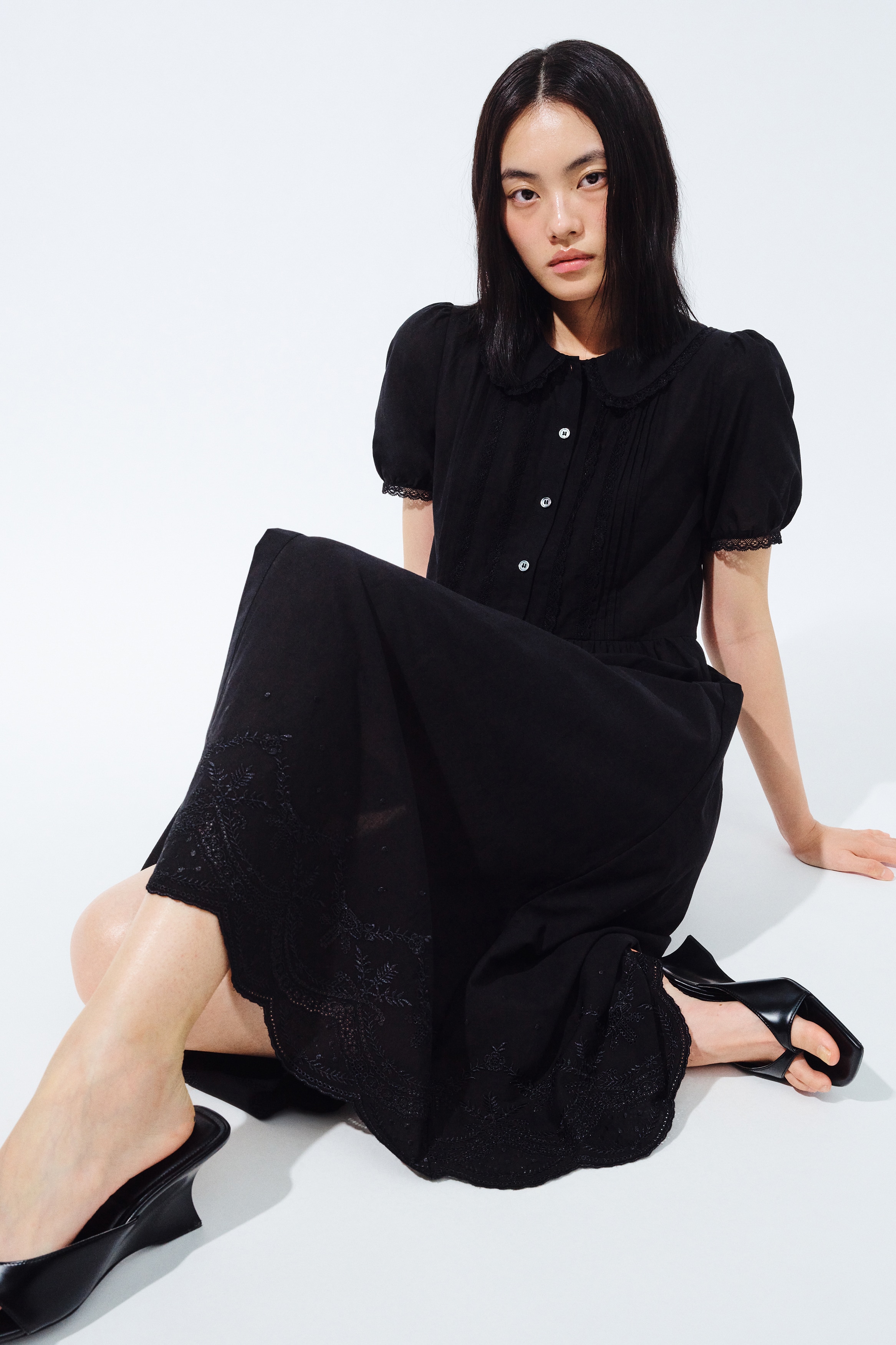 襟付きパフスリーブワンピース - ブラック - レディース | H&M JP