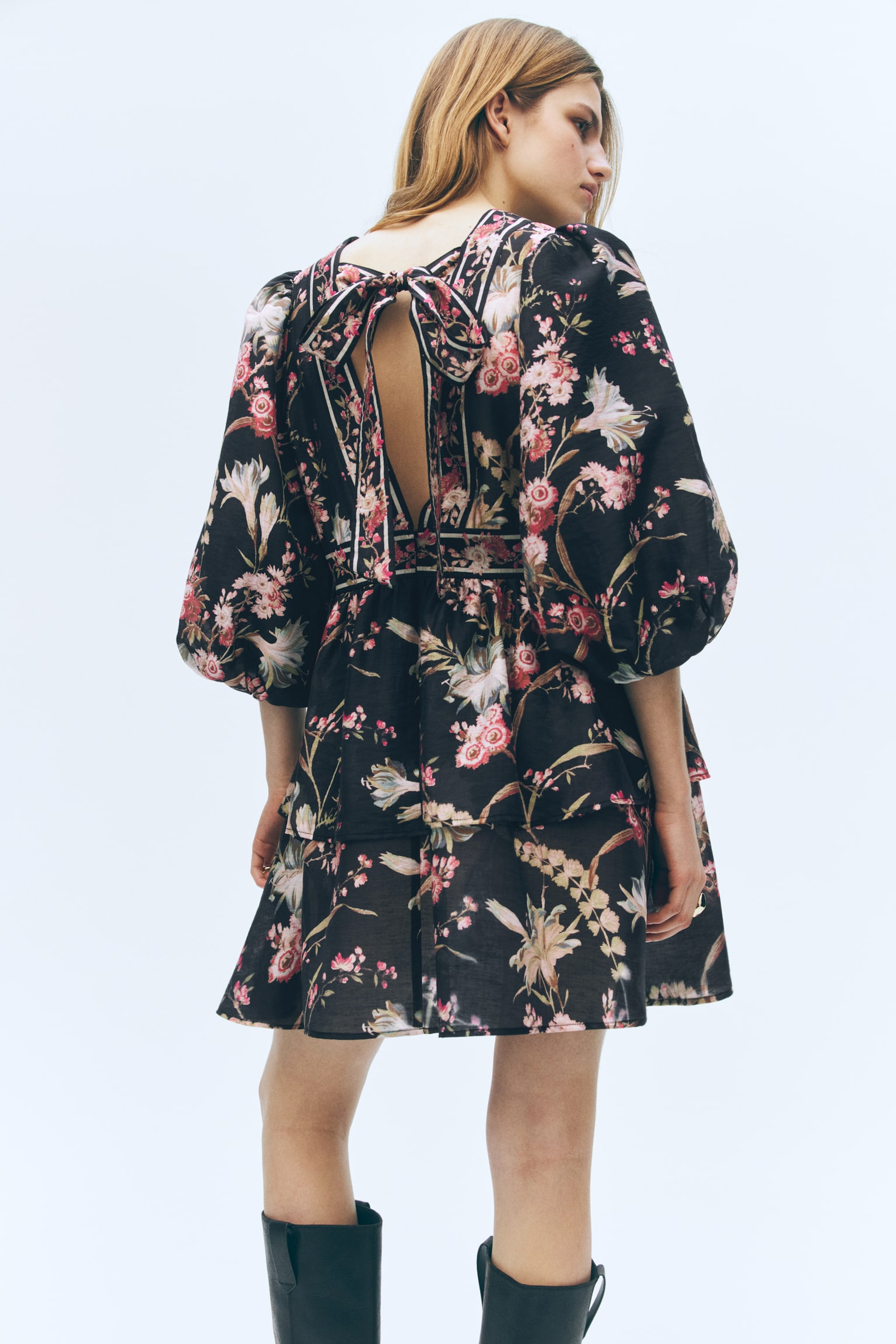 Linen-blend dress - Black/Floral/Light beige/Floral - 7