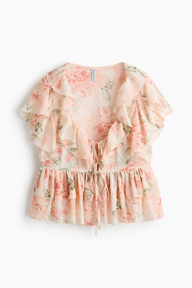 Flounced tie-front blouse - Light pink/Floral/Cream/Light blue - 1