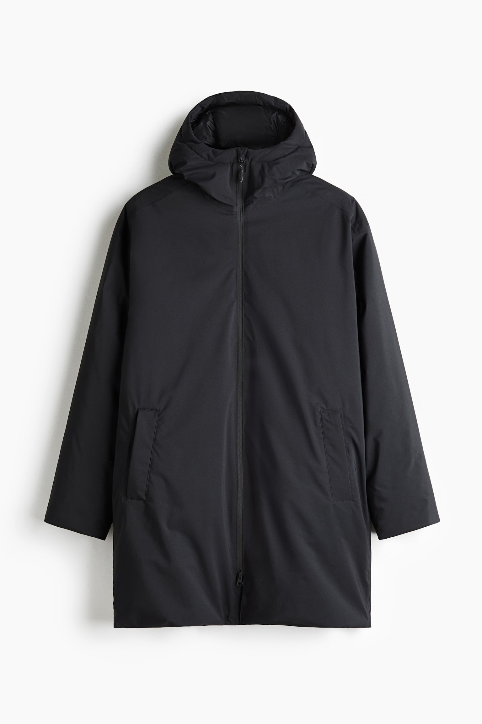 A black mid-length hooded jacket is shown from the front, featuring smooth matte fabric, a full-length front zip, and an integrated high-neck hood. The jacket features two vertical welt pockets and long sleeves with neatly finished cuffs.
