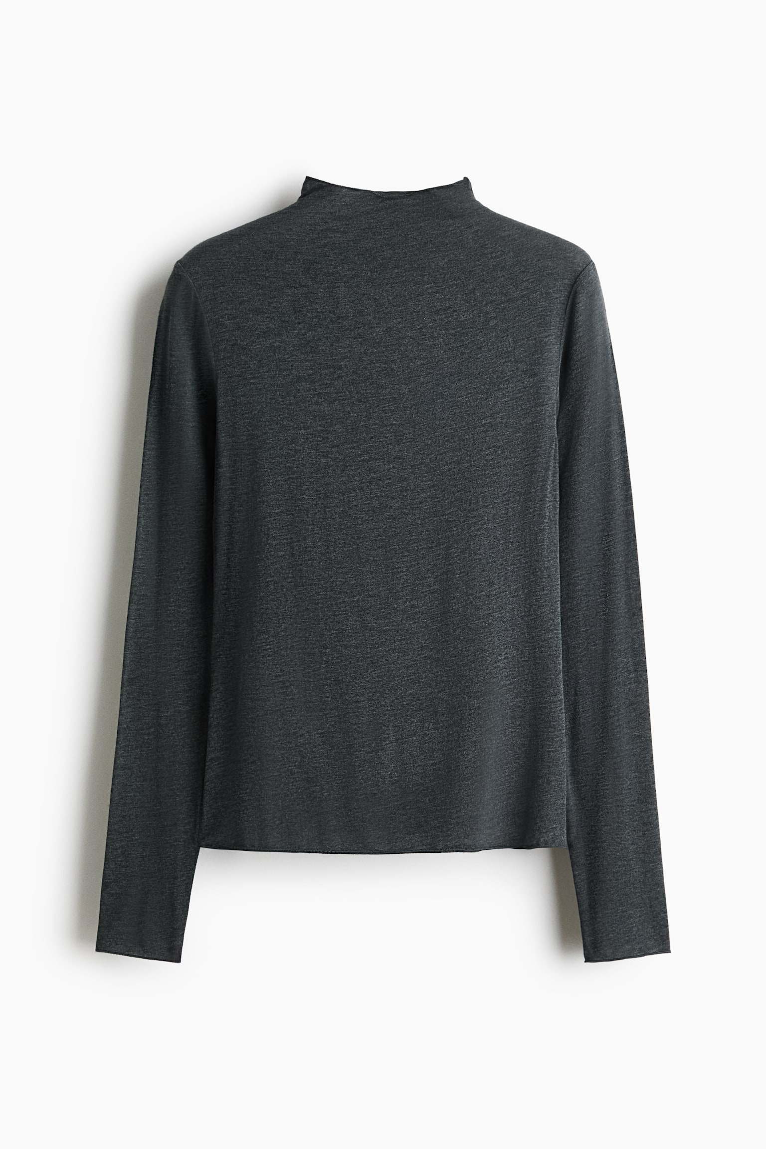 A dark grey heathered long-sleeve top featuring a mock neck is shown from the back, displaying its relaxed fit and straight hem. The garment presents a soft, fine-knit texture with long, straight sleeves and clean seam detailing at the shoulders. - 1